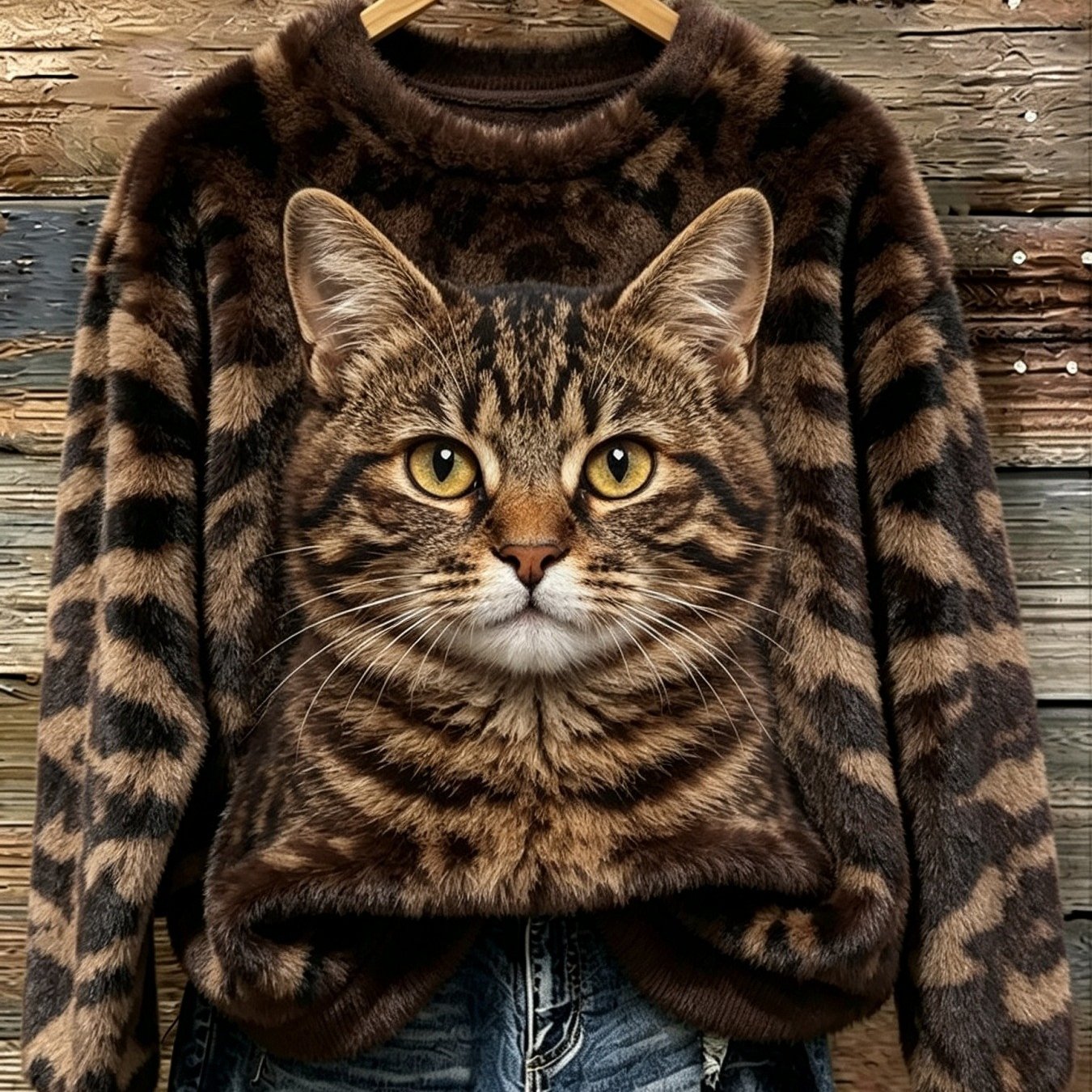 Image of Plus Size, Women's Casual Versatile Crew Neck Sweatshirt, Cat Print, Is Printed Non-embossed, Soft And Warm Fabric.