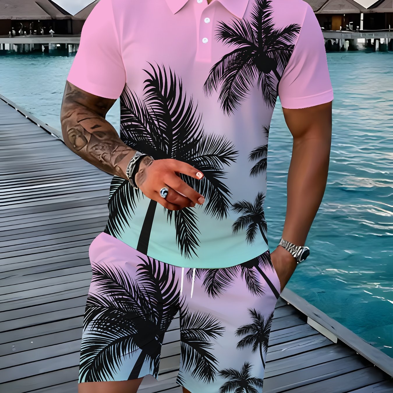 TEMU Casual Athletic Style Men's Short Sleeve Shirt And Shorts Set For Daily Outdoor