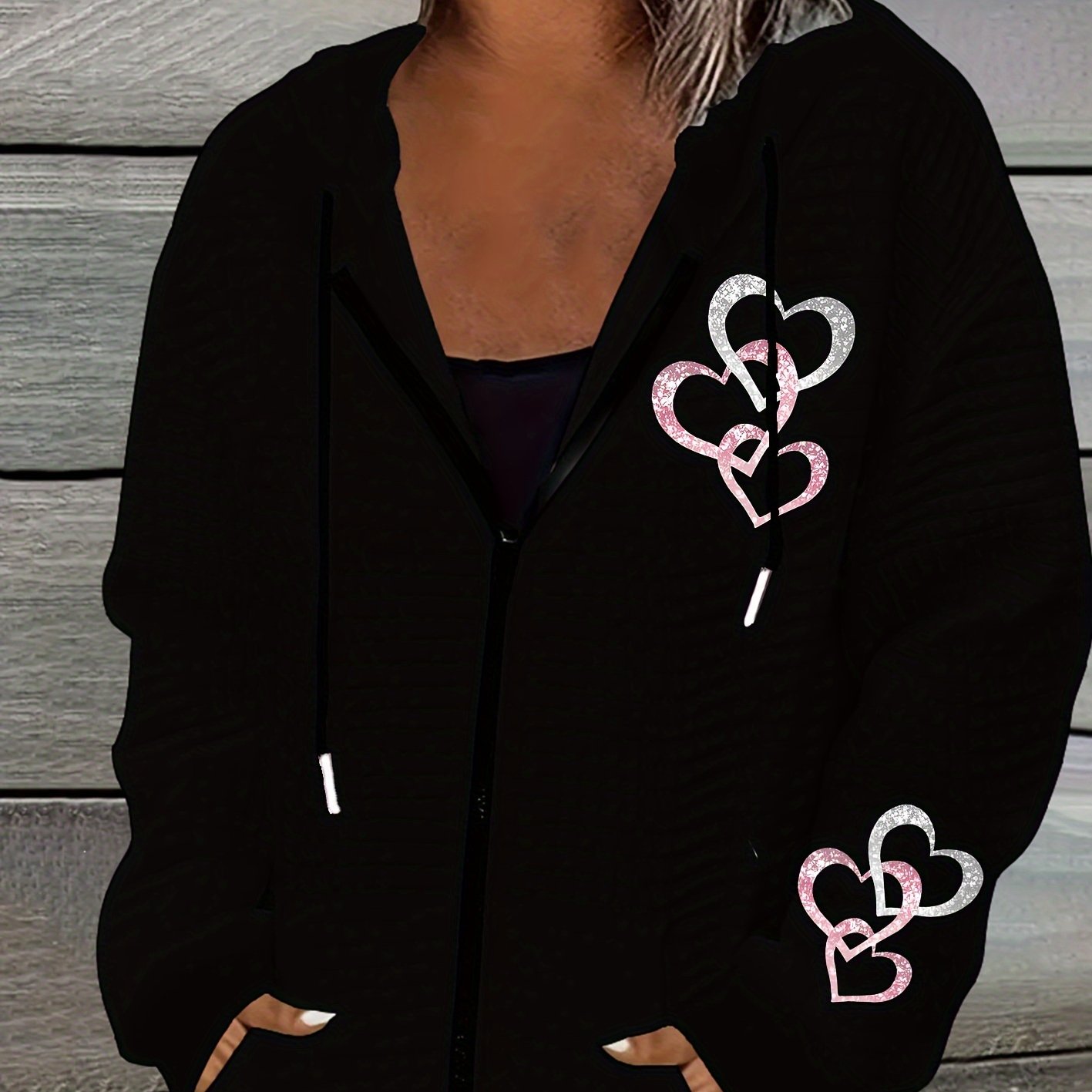 TEMU Women's Casual Waffle Zipper Hooded Jacket With Geometric Heart Print - Machine Washable Polyester, Lightweight Outerwear, Drawstring Hood &