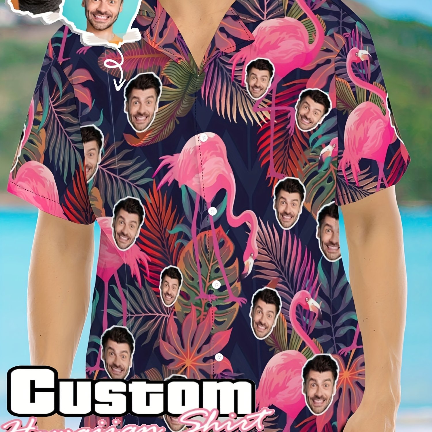 TEMU Customizable Hawaiian Shirt For Men - Personalized Photo Print, , Short Sleeve, Button-up, Lightweight Summer Casual Wear, Beach Or Vacation,