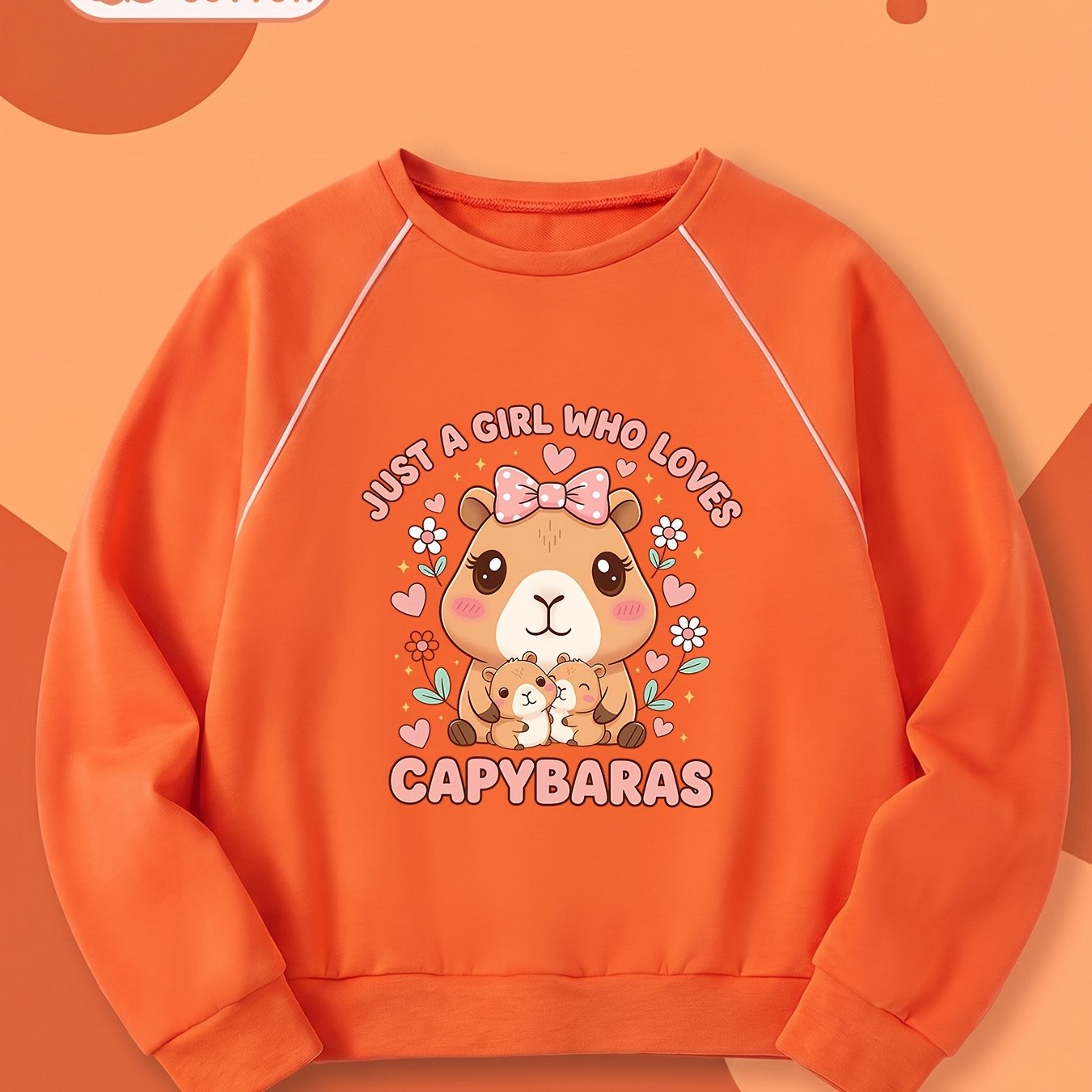Image of Girls' Spring And Autumn Pure Trendy Fashion Sports Sweatshirt, Capybara Heart Flower Print, 6y-12y Girls' Spring And Autumn Daily Long-sleeve Casual Round Neck Sweatshirt, For Birthday Gifts
