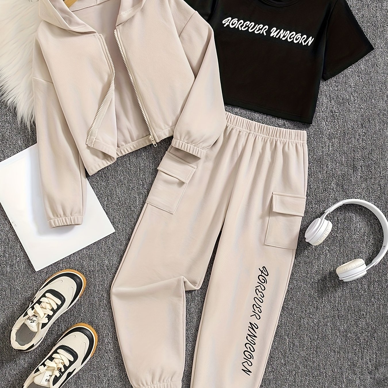 Image of Girls' English Alphabet Hooded Sweatshirt Cardigan And Round Neck T-shirt And High-waist Sweatpants Long Pants 3pcs Set, For Outdoor