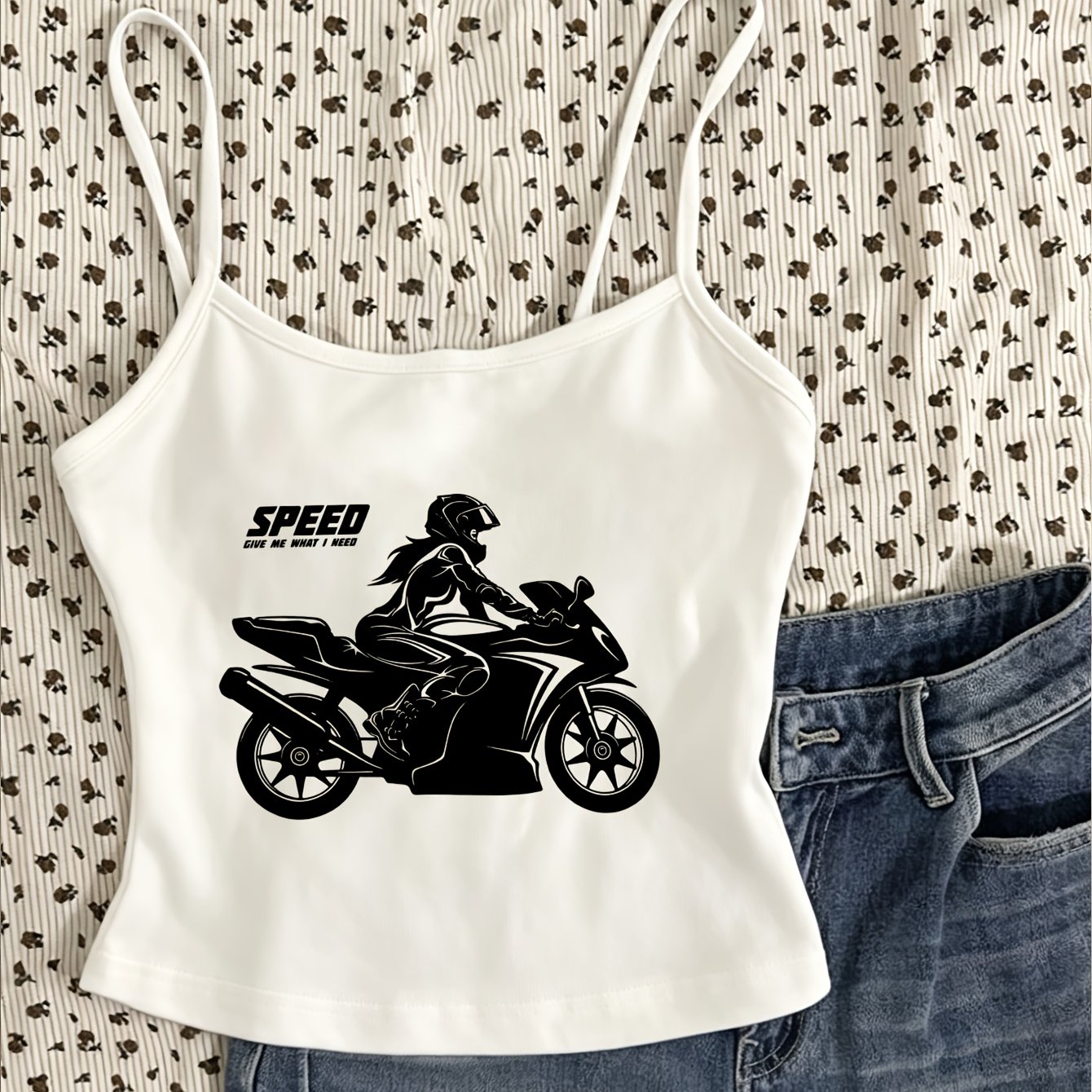 TEMU New Summer Trendy Women's Mini Cami Tank Top - Premium Streetwear Fashion, Y2k Dark Cool Versatile Vintage Print Design For Biker, Sweet & Edgy