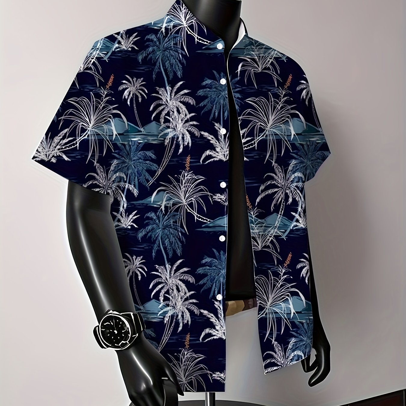 TEMU Men's Tree Print Shirt - 100% Polyester Short Sleeve Button-up With Lapel Collar, Regular Fit Tropical Beach Shirt For Summer, Plus Size Casual