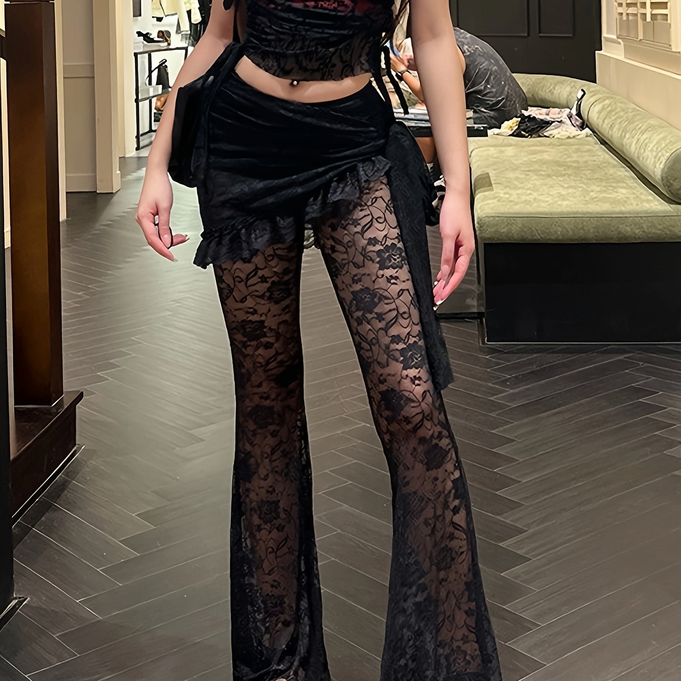 Image of Gothic Wide-leg Pants In Black With Asymmetrical Lace Cutouts, Tailored For A Stylish And Comfortable Look, Perfect For Casual Vacations And Party Bell-bottoms