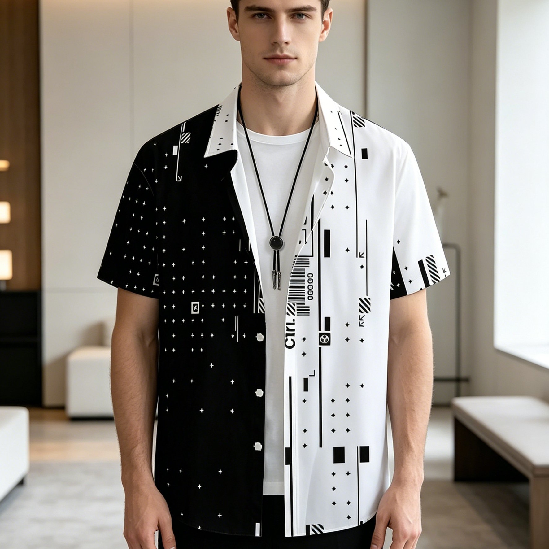 TEMU Camisa casual de hombre , refrescante, con estampado digital 3D de geométrico, cuello tipo camisero con solapa, de manga corta, a , bloques de