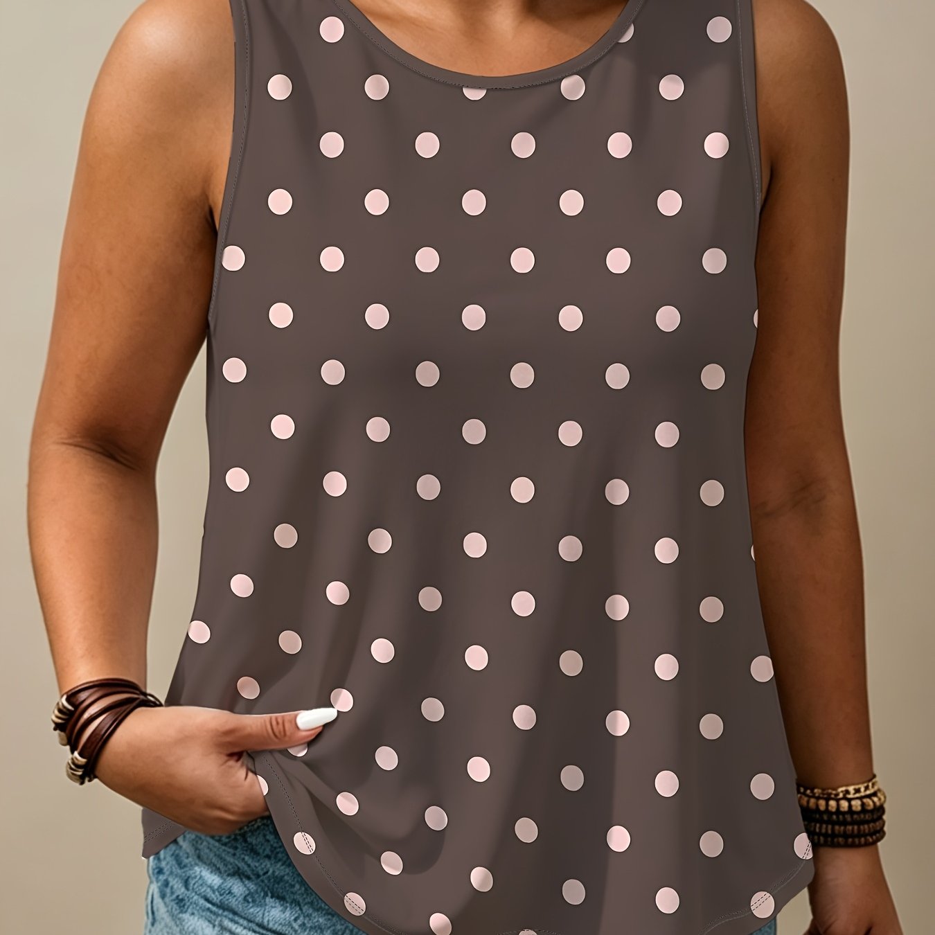 TEMU Retro Polka Dot Sleeveless Vest, Plus Size Women's Loose Top, Summer And Autumn Casual Versatile Base Outer Wear Shirt