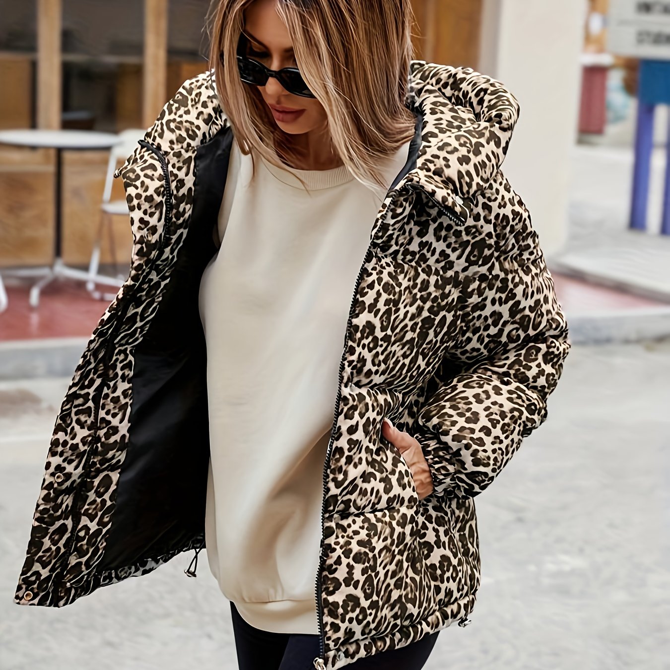 E-shop Plus Size, Damen Plus Size Winter-Leopardenmuster Langarm-Jacke mit Reißverschluss Kapuze – Elegante, dicke warme Winterjacke, handwaschbare