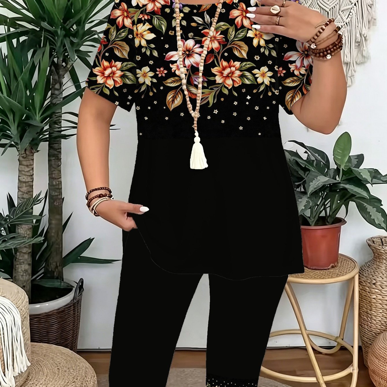 TEMU Plus Size, This Large-sized 2pcs Set Features Floral Pattern Positioning Prints. The Loose Top With 5-inch Pants An Elegant And Fashionable