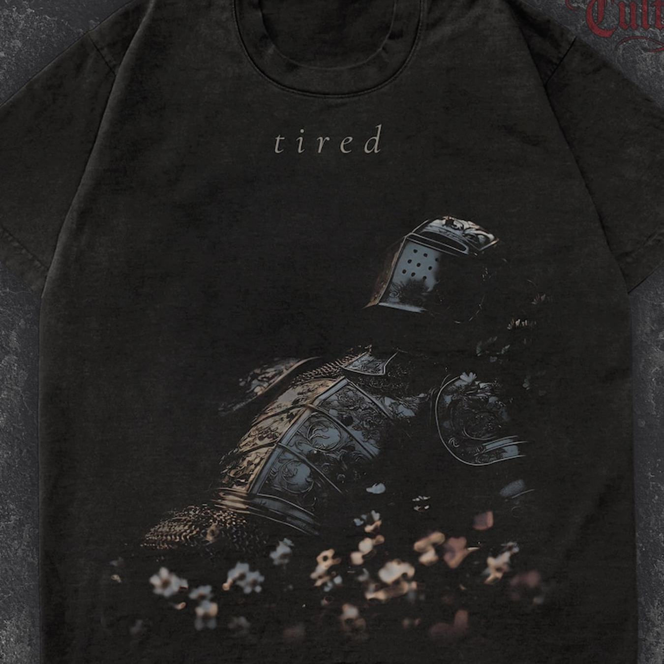 Medieval Fantasy T-shirt Featuring A Weary Knight In Gothic Style
