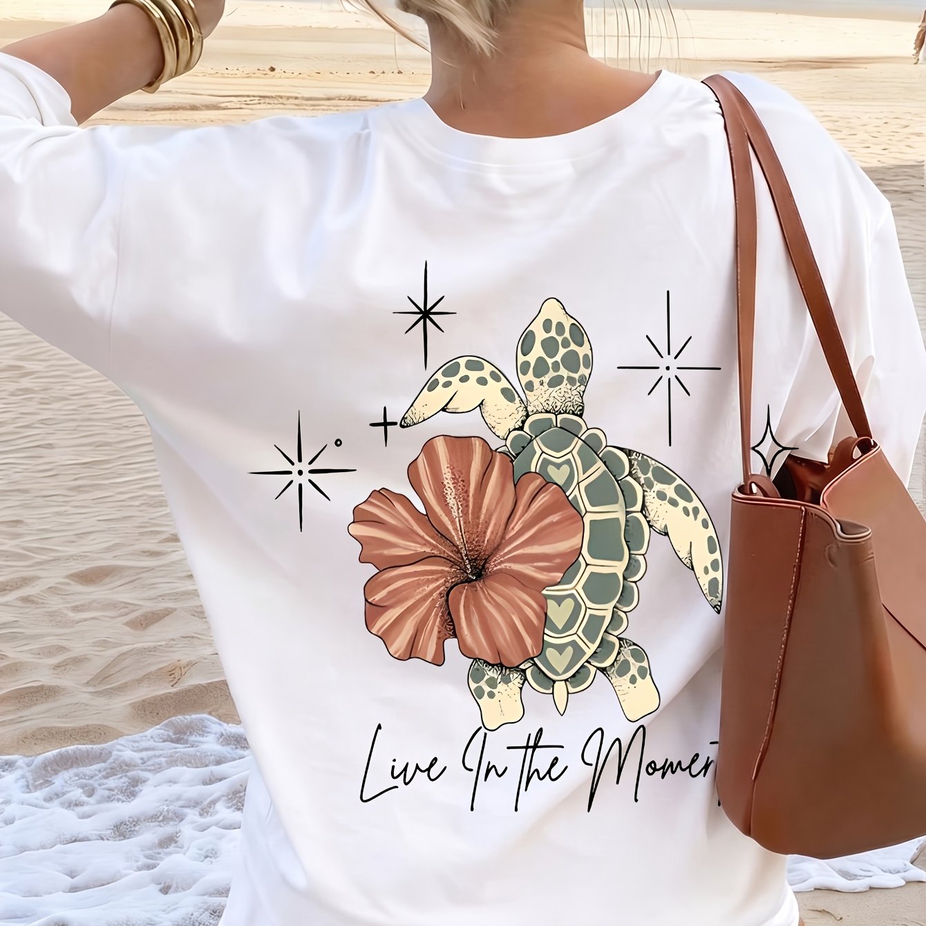 TEMU Women's Turtle, Floral, And Letter Loose- Neck Beach Vacation T-shirt Top, Summer Style