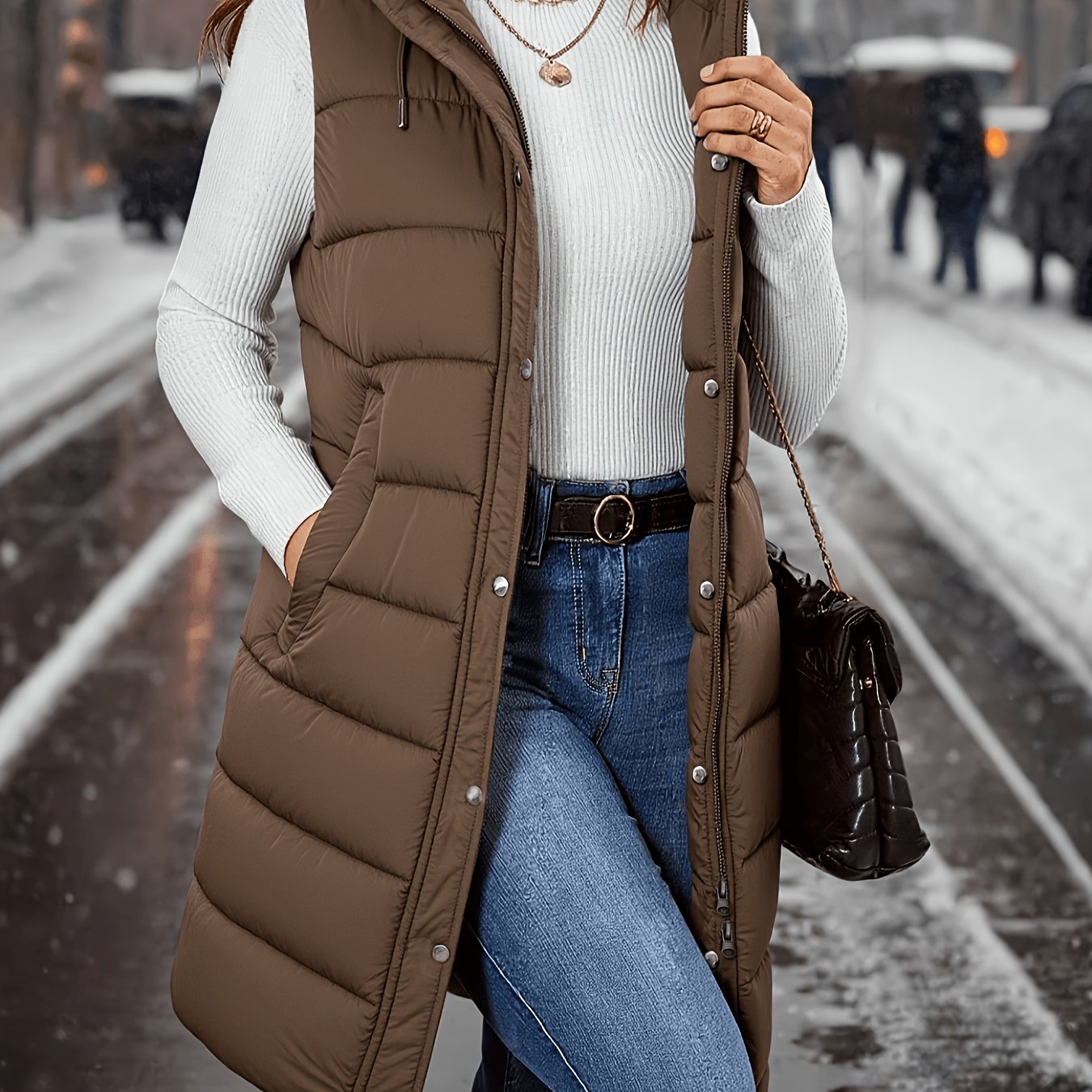 TEMU Autumn Winter New Women's Mid-length Hooded Vest, Solid Color Slim Warm Sleeveless Coat, Casual Versatile Outerwear Vest