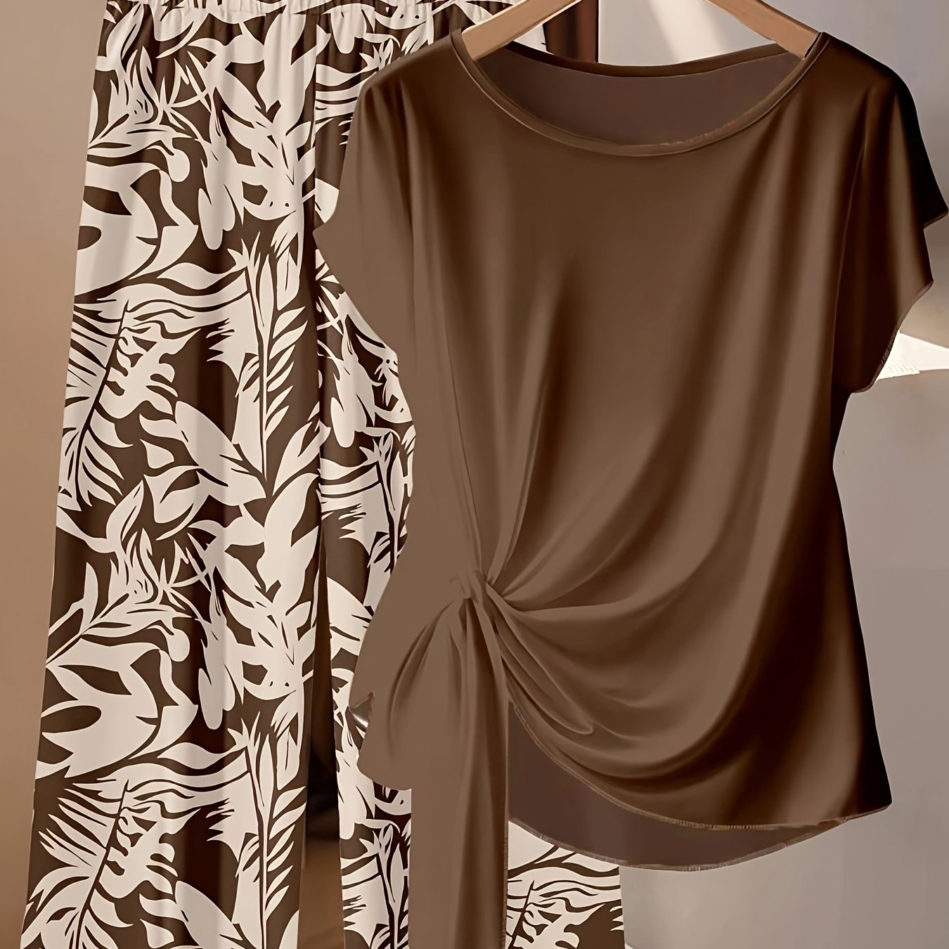 TEMU H1022 Women's Khaki 2pcs Set With Branch And Leaf Print, Bow Detail, Loose Straight-leg Pants, Suitable For Spring/summer And Spring Casual Wear
