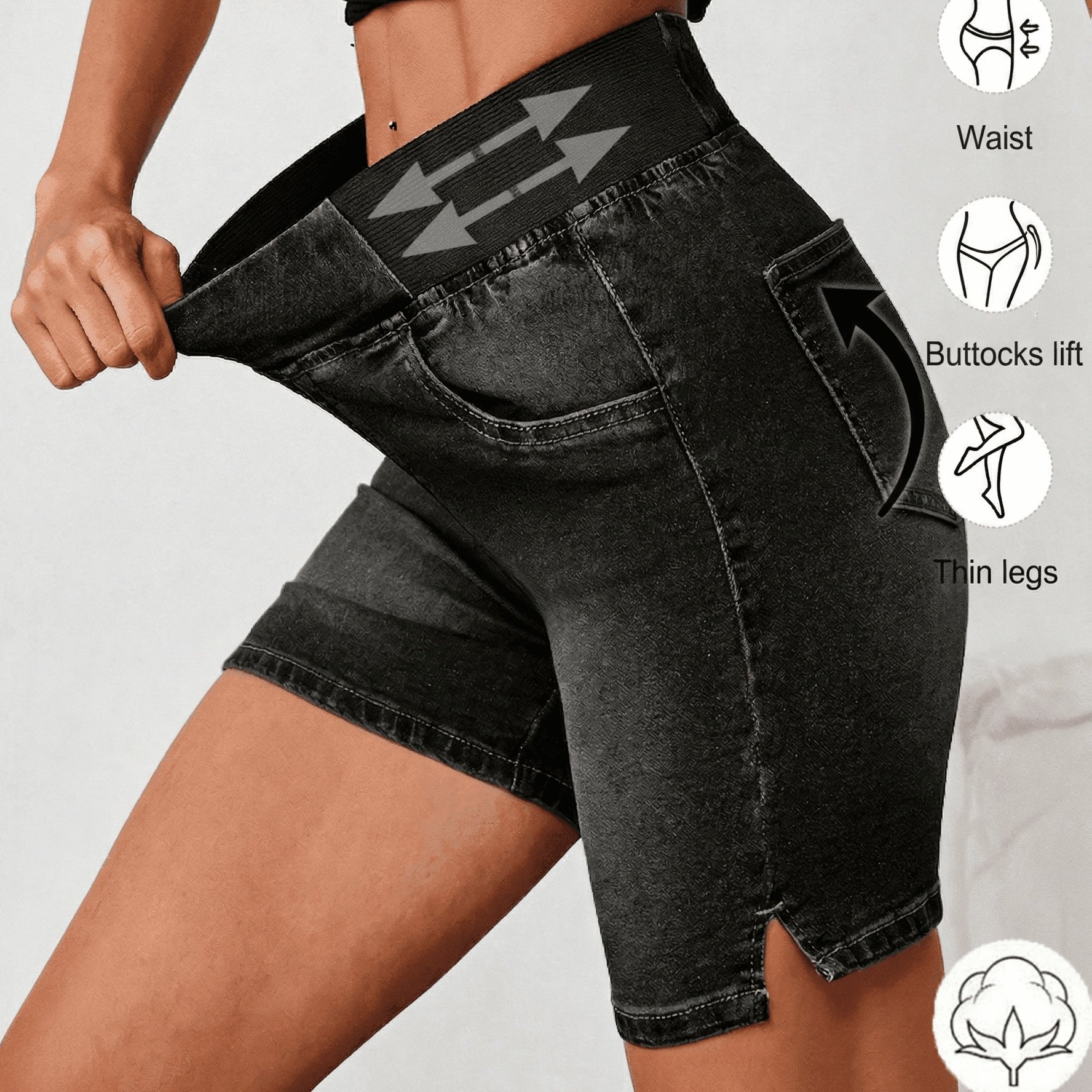 Women High Waist Stretch Denim Shorts Elastic Band Pull On Ladies Basic Summer Beach Holiday Casual Pants Denim Shorts