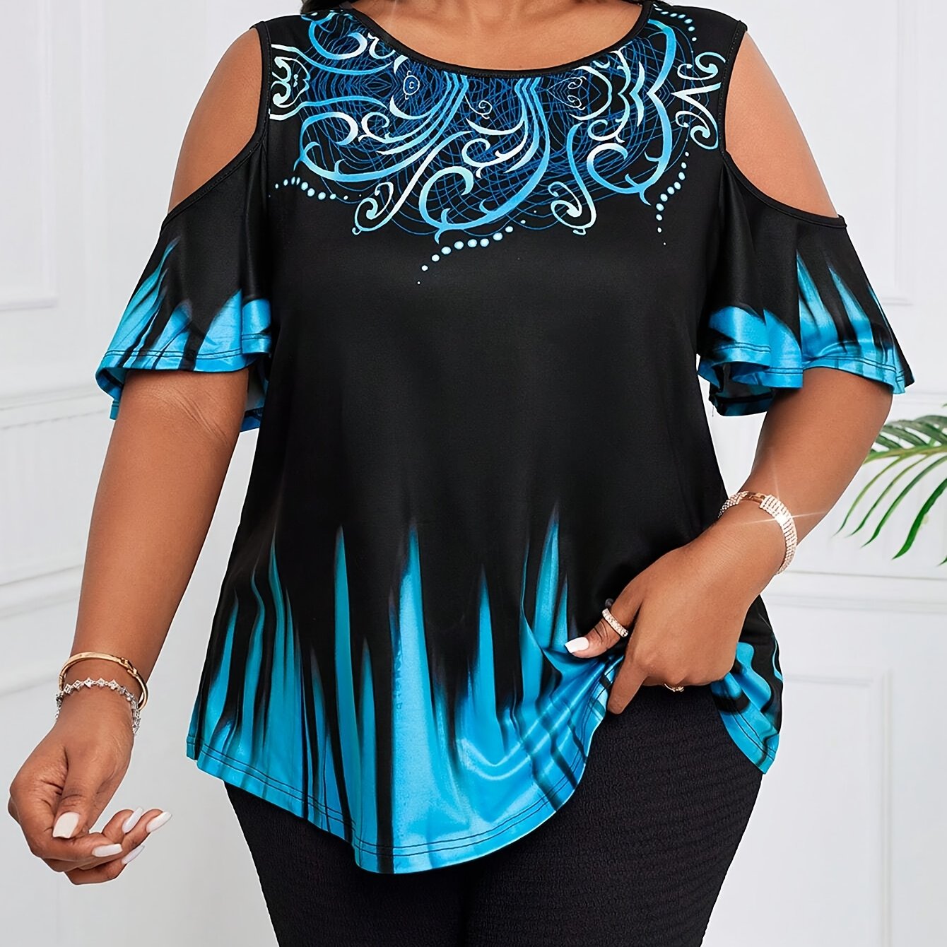 E-shop Plus Size, Damen Gradient Print Off-Shoulder Kurzarm T-Shirt in Übergröße