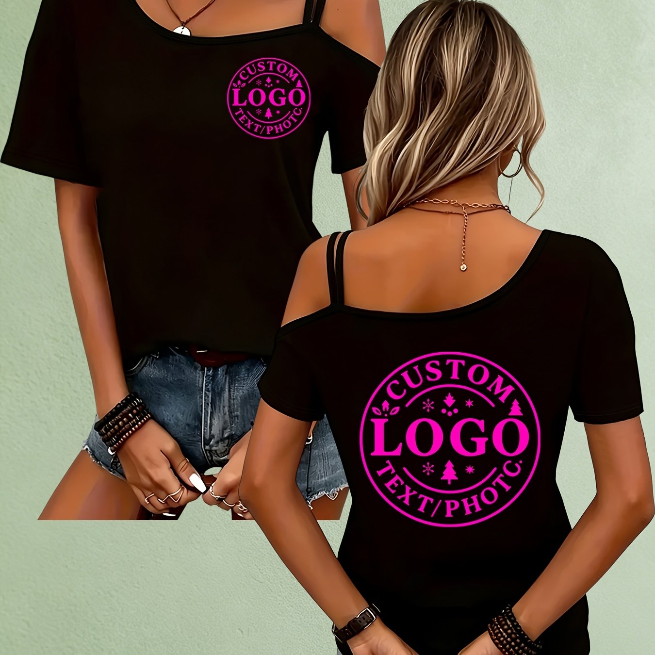 TEMU Custom Printed Off-shoulder Cami Short Sleeve T-shirt, Personalized Commemorative Gift Top, Casual Daily Wear, Photo And Text Customizable On