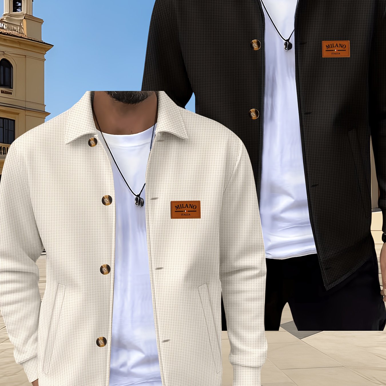 TEMU Men's 2pcs Waffle Knit Lapel Jacket, Mature , Textured Fabric, Vintage Amber Button , Side Slant Pockets, Versatile Outerwear For Young And