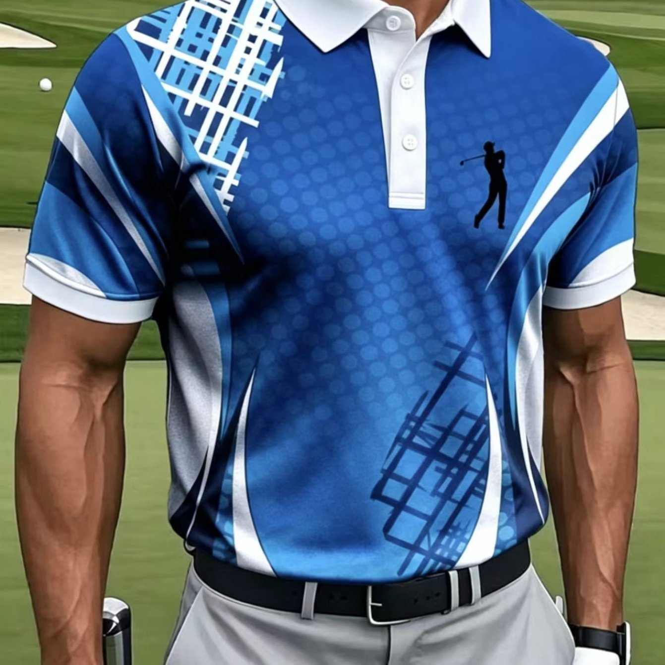 TEMU Haut polo imprimé pour homme – Manches courtes décontractées et athlétiques, imprimé rayé contrasté et motif de golf, tissu en polyester lavable