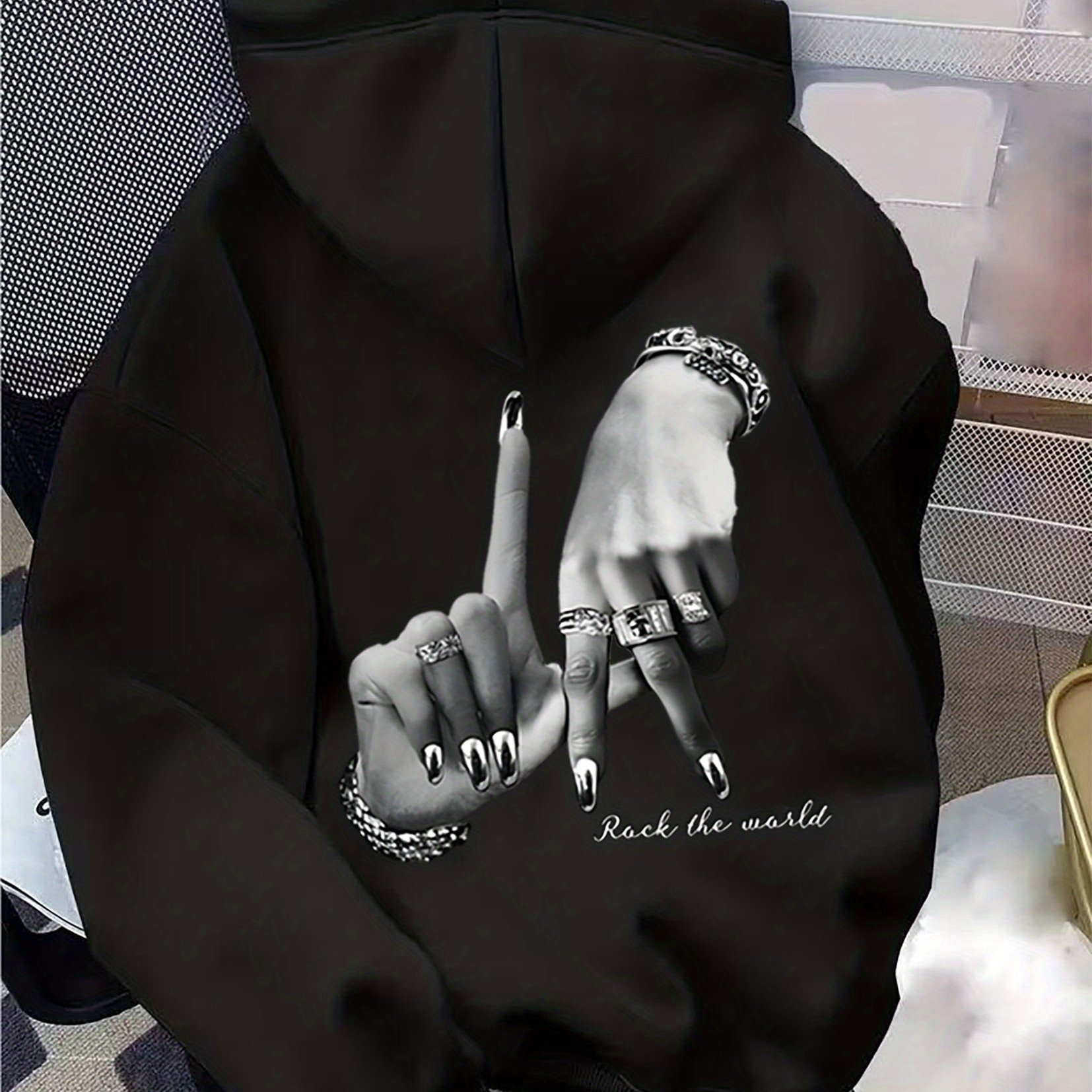 Women's Cartoon Creative Gesture Pattern Printed Fashionable Hooded Sweatshirt With Long Sleeves