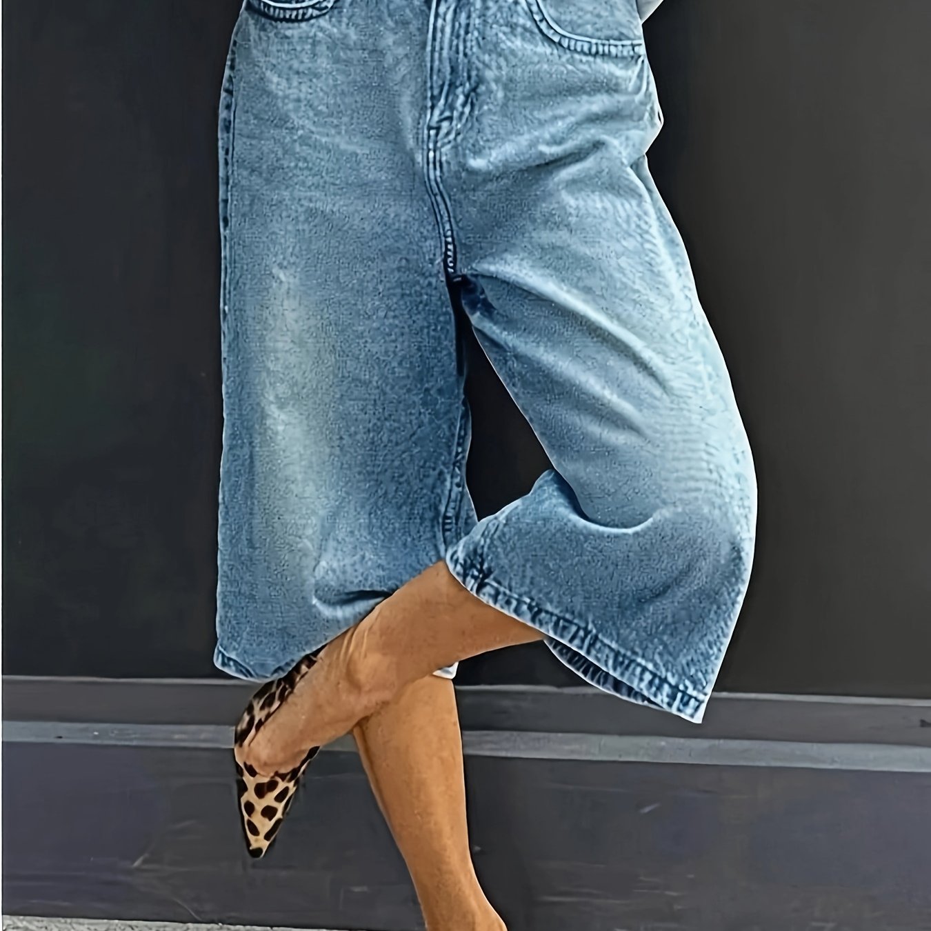 Image of Women's Plus Size High-waisted Stretch Denim Shorts - Casual Wide-leg Summer Shorts With Pockets,belt Not Included Machine Washable Solid Color For Spring/summer, High Waisted Shorts Denim Shorts