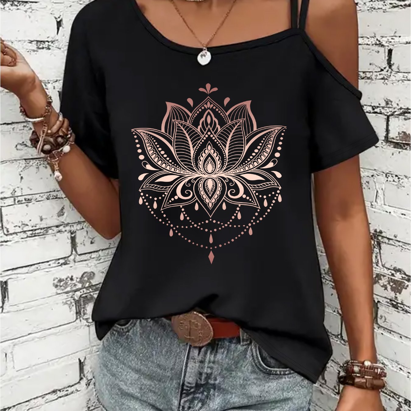 TEMU (035#) Women's Fashion Off-shoulder Strappy Short Sleeve T-shirt, For Lotus Print T-shirt With Off-shoulder Design, Loose And Comfortable Casual