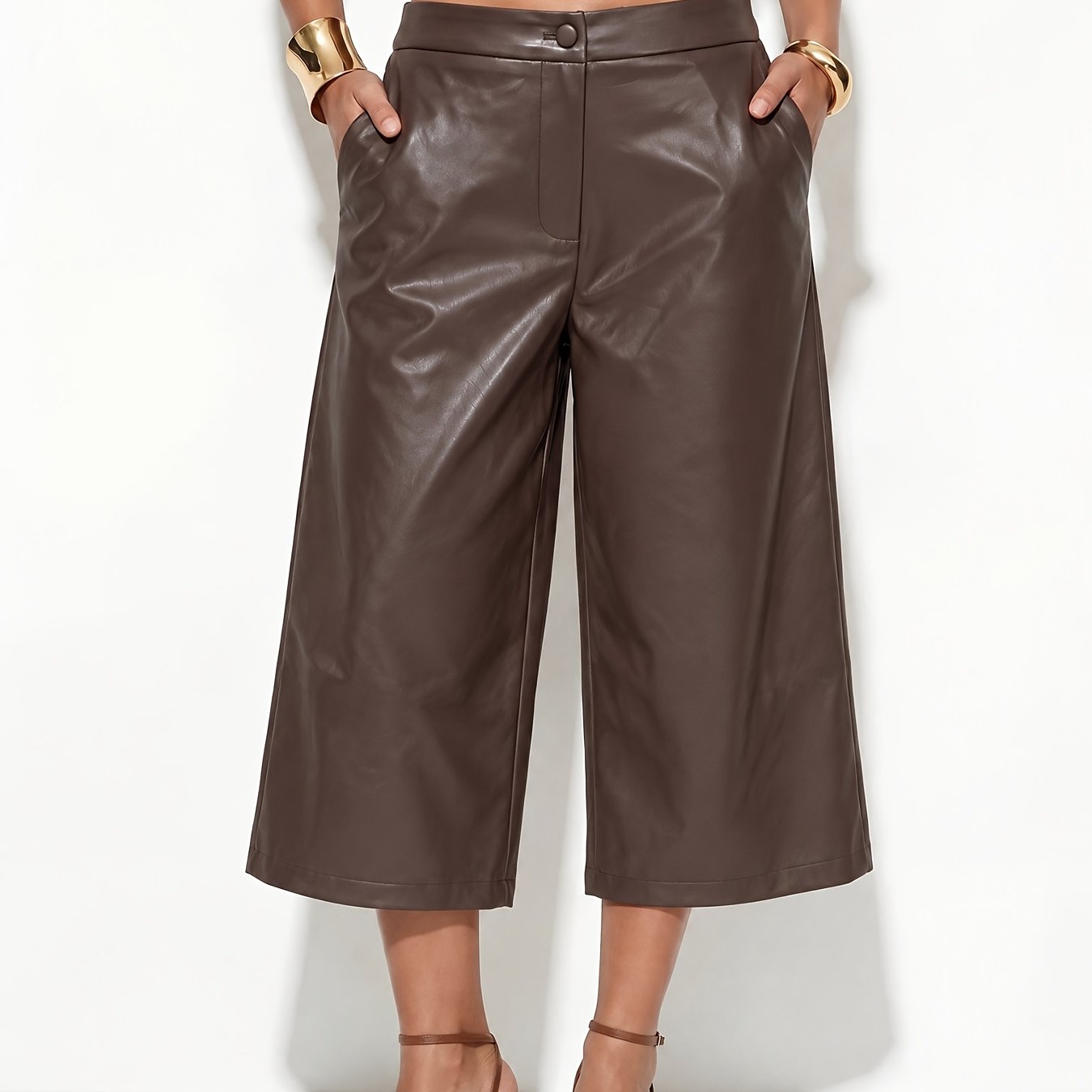 TEMU ZD260816063 Dames PU Capri Broek met Wijde Pijpen, Rechte Skinny Broek met Hoge Taille, Casual Losse Hengelende Korte Wide-Leg Broek