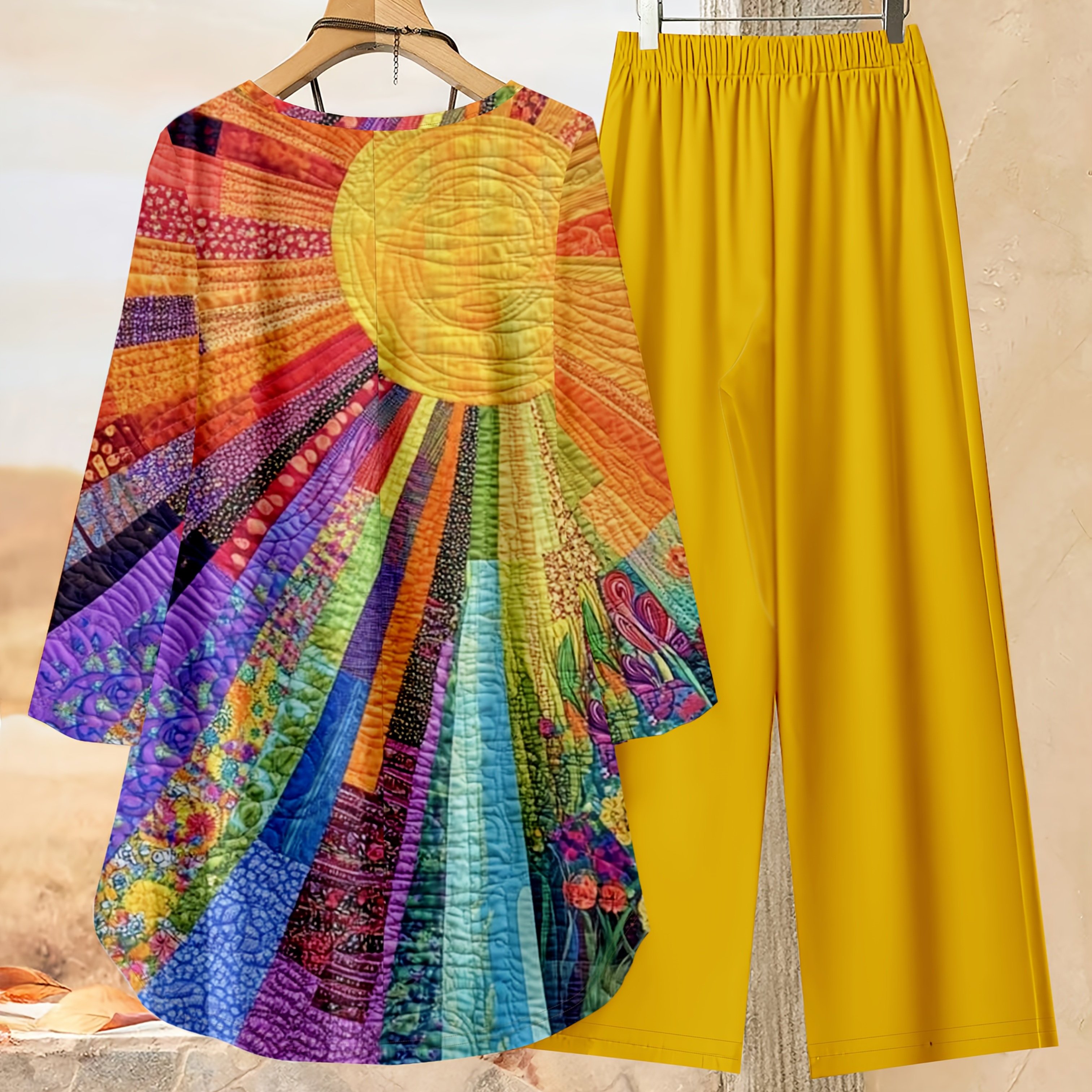 TEMU Loose Full Print Top And Solid Color Pants Set, Casual Round Neck Long Sleeve Front Short Back Long, Casual Outfit
