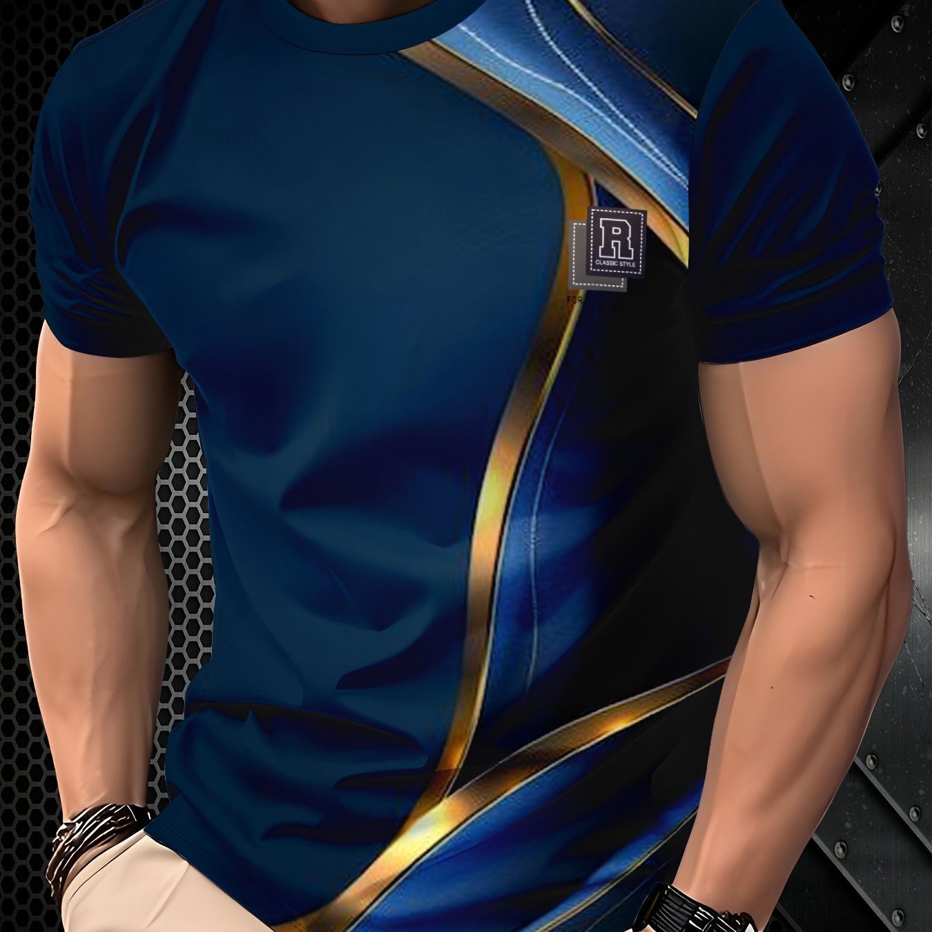 TEMU Men's Printed T-shirt, Golden And Blue Vertical - Breathable Summer Short Sleeve Crew Neck, Navy Blue And Golden Contrast For Casual And