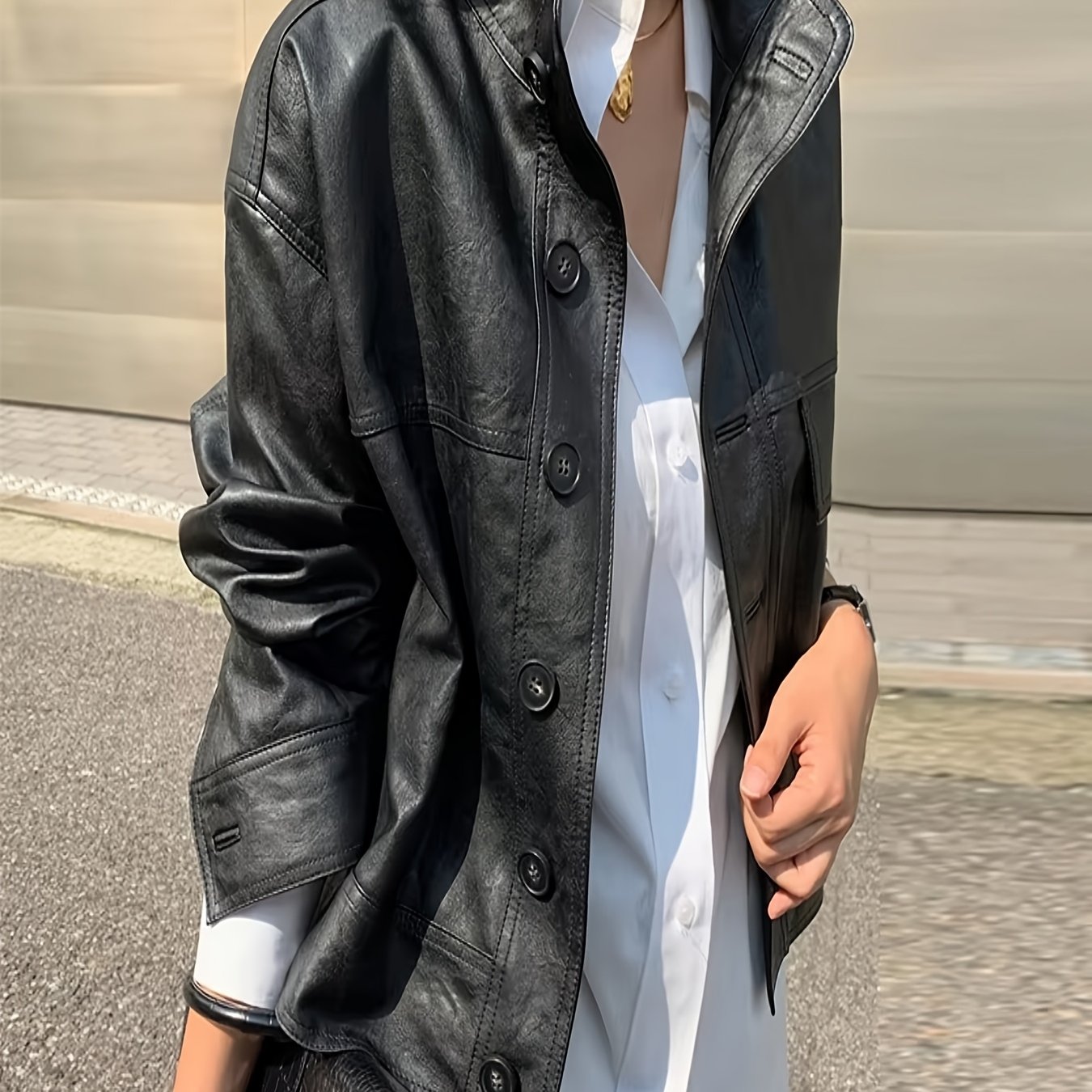 Image of Ch-jk003 Women's Pu Spring, Summer And Autumn Casual Flap Bag Style, Retro Motorcycle Jacket Long Sleeve Coat, Three-dimensional Effect, Collar Design Women's Cardigan Coat Long Sleeve Top [gavin]