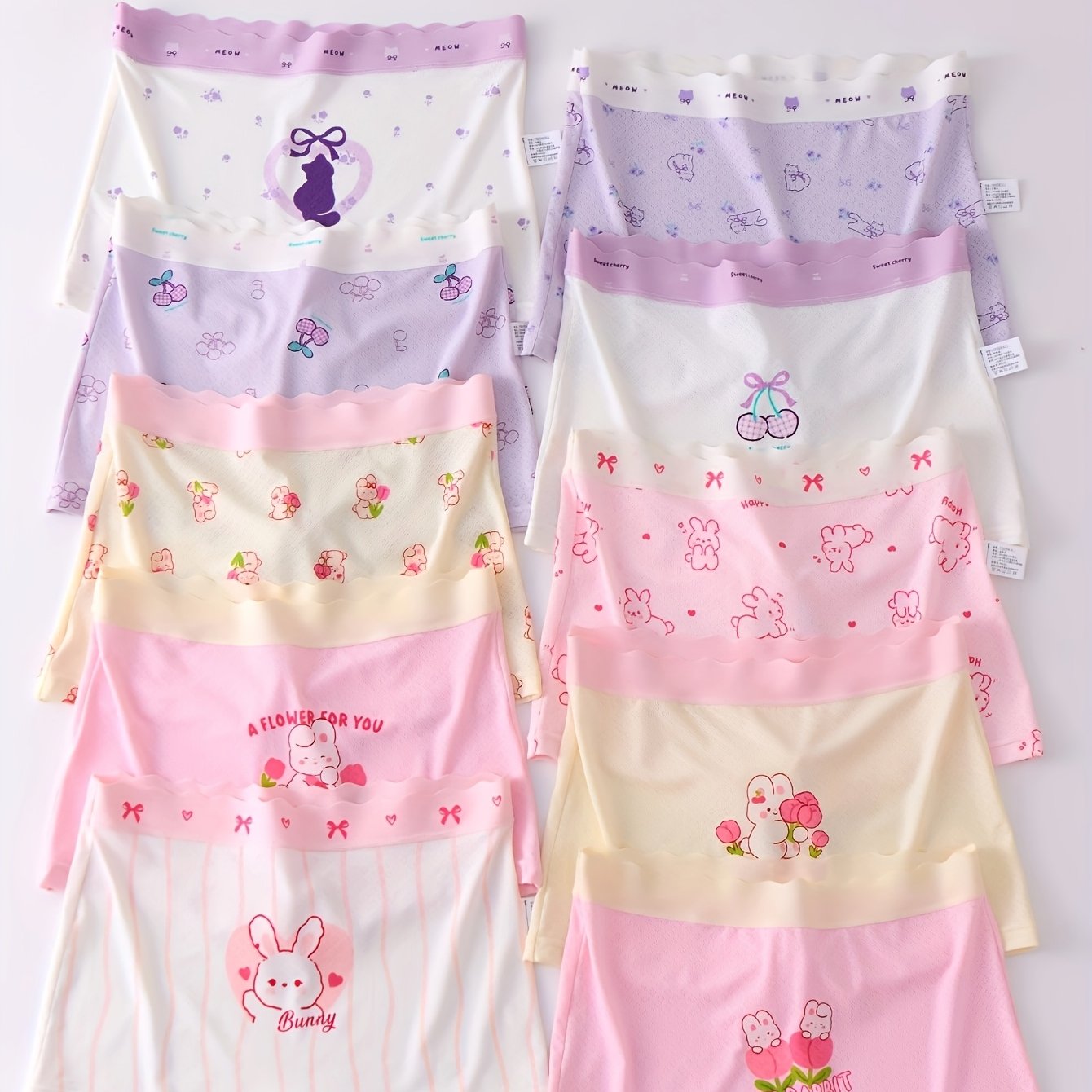 Image of A Set Of 10 Random Pairs Of Girls' Fabric Shorts, Featuring Breathable Mesh, Elastic Waistband, And Cute Designs Like Cats, Cherries, Strawberries, Flowers, Rabbits, And Letters, Suitable For