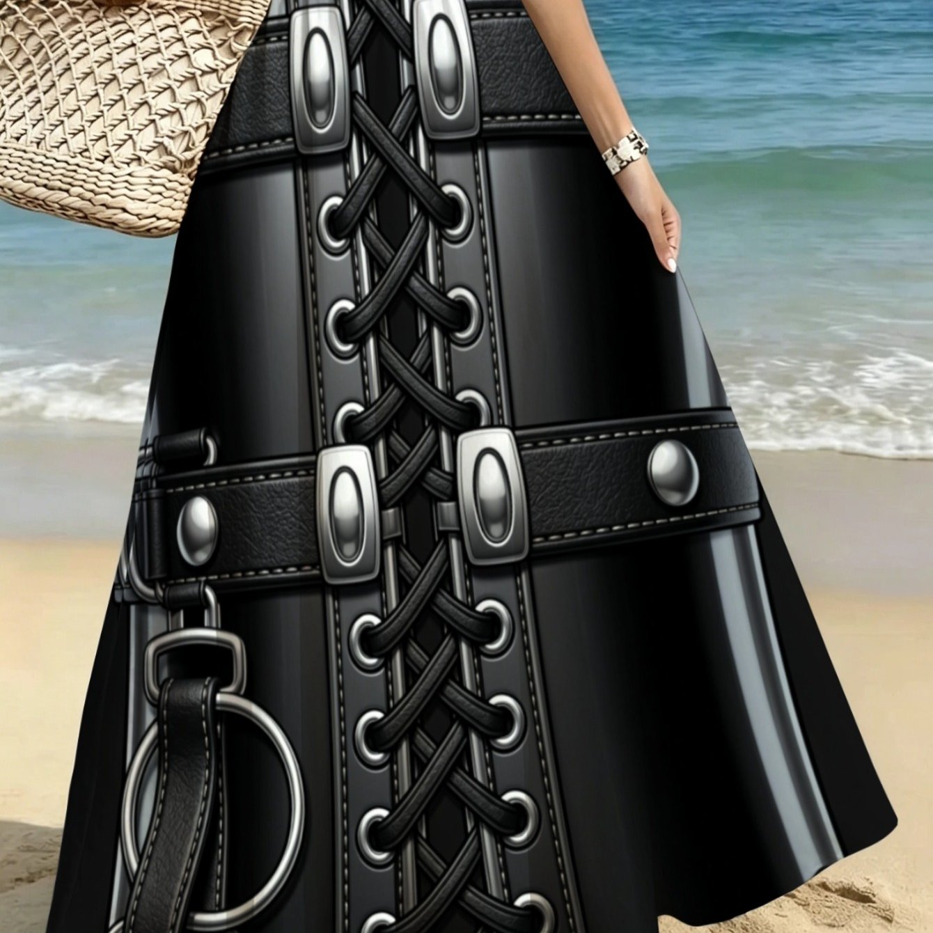 TEMU Lianyaoshi [printed Design Not Textured] Black Lace-up Belted Midi Skirt For Beach , Stylish And With , Perfect For Casual Summer Wear