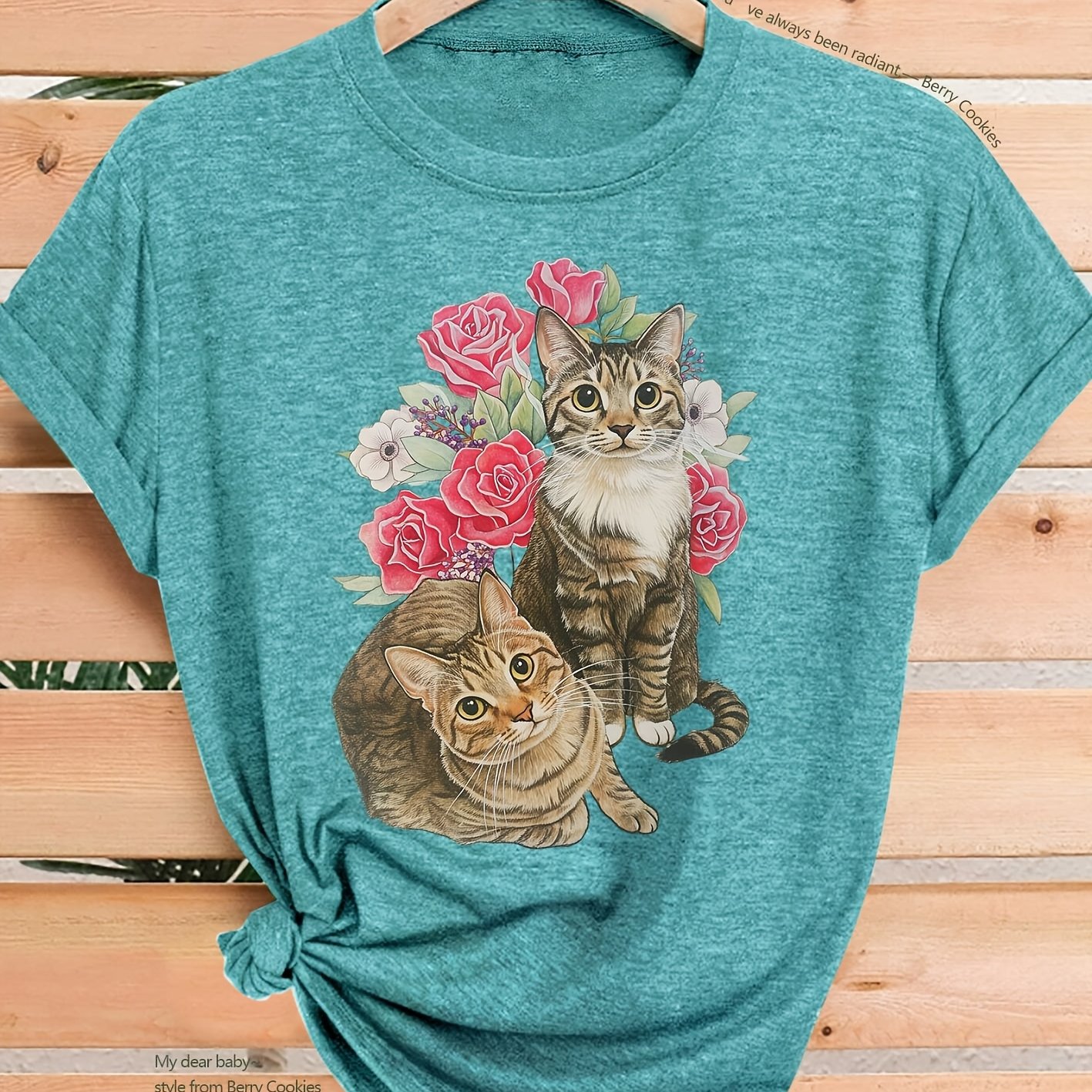 TEMU 2026 New Women's Short-sleeve T-shirt With Rose Double Art Print, Elegant And Versatile For Spring, Summer, And Autumn, Casual Sports Style,