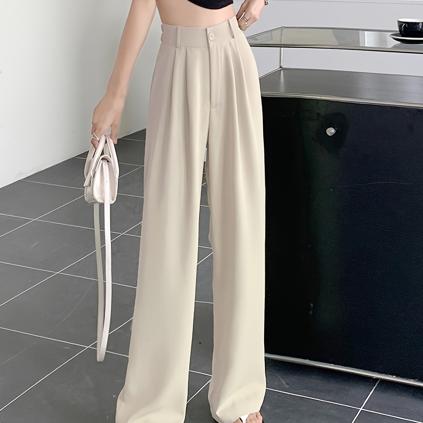 Solid Draped Straight Leg Pants Casual High Waist Loose Suit