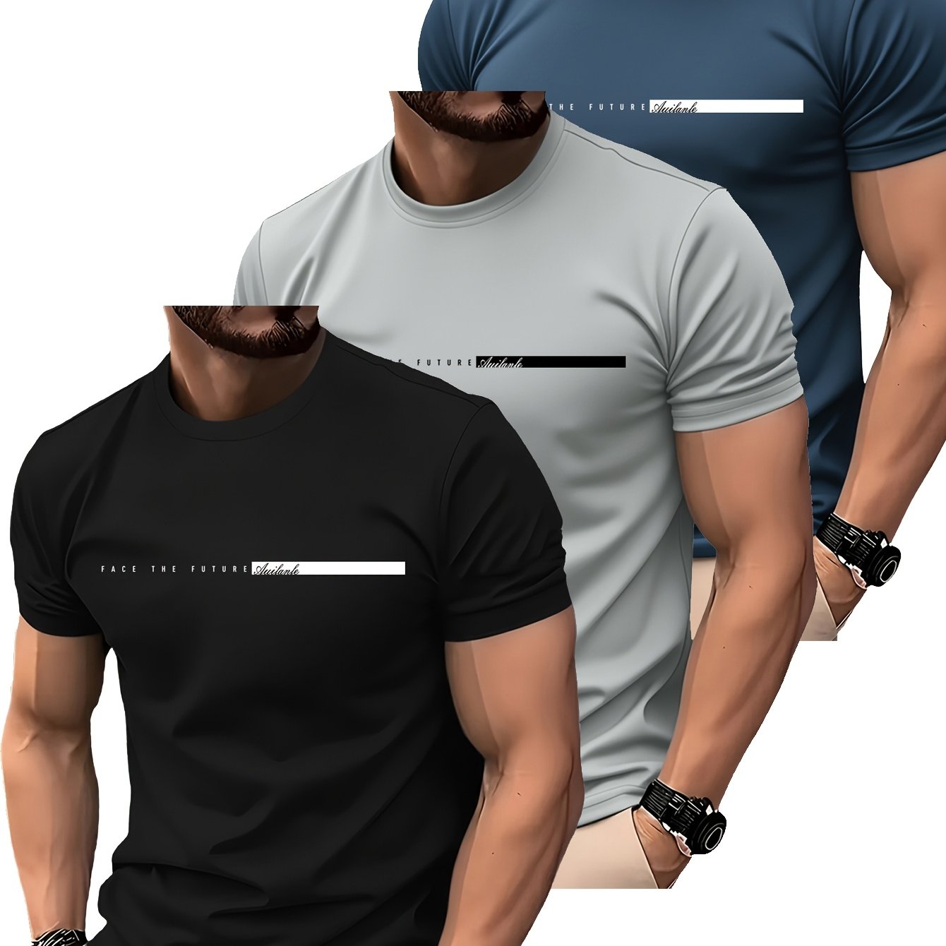 TEMU 3pcs Men' Round Neck Short Sleeve T-shirts - 100% Polyester Machine Washable Suitable For , Round Neck Casual Tees With Plain Base For Layering,