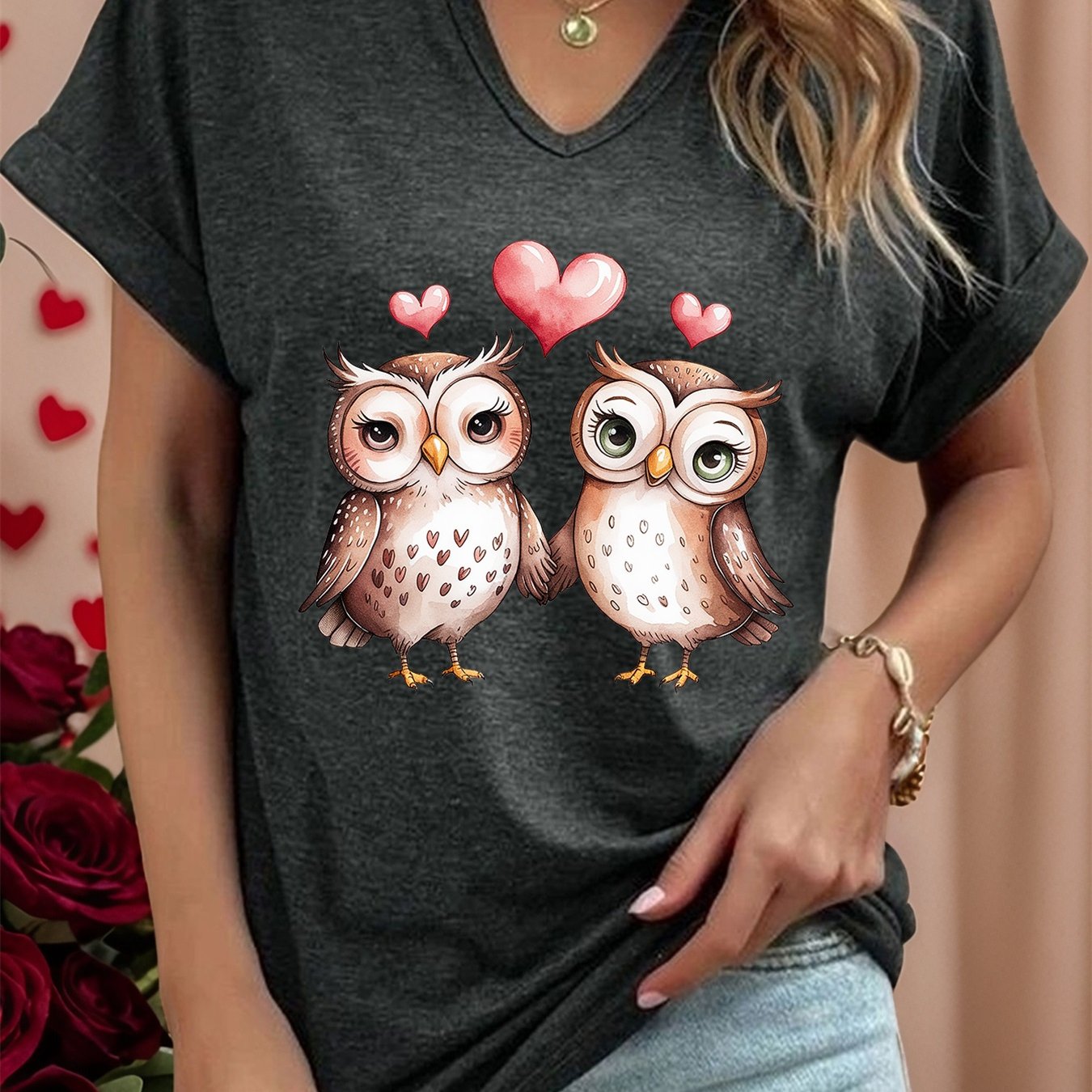 TEMU Women's Fashion Valentine's Day Love, A Pair Of Bird Print T-shirt, Casual V-neck Notched Roll-up Sleeve Top, Summer And Spring Women's Clothing