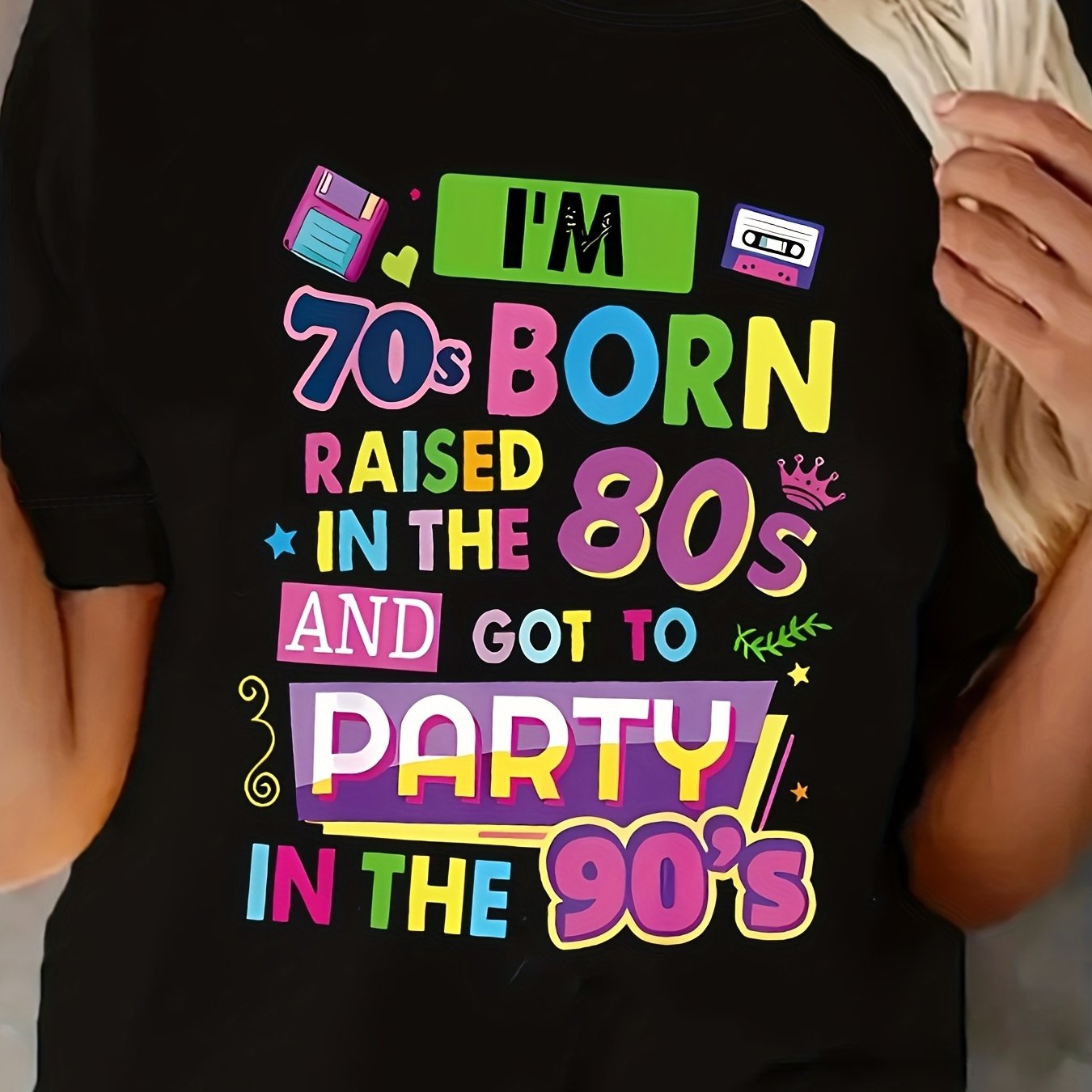 TEMU Women's Retro 70s 80s 90s Nostalgia Graphic T-shirt - "i''s Born 80's Up In 90's" Colorful Letter Print, Soft Stretchy Fabric, Round Neck Short