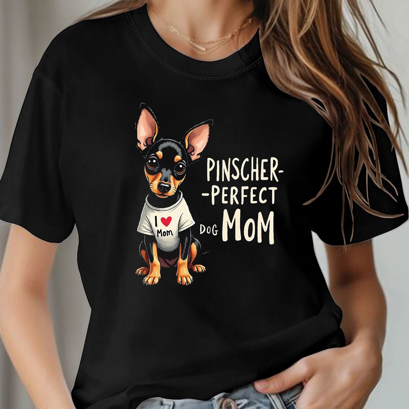 TEMU Camiseta de mujer casual de manga corta con cuello para y verano, con estampado de "- MOM I Love Mom" para mamás de Pinschers perfectos