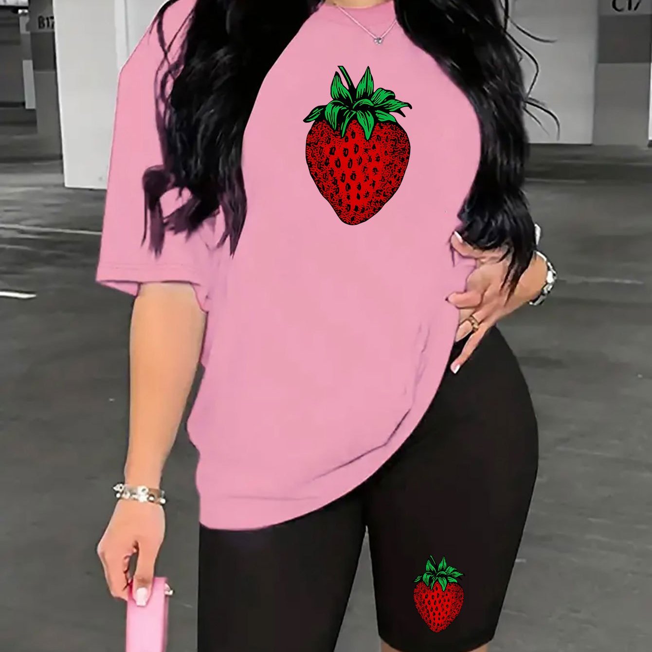 TEMU Women's Fashion Strawberry Print 2pcs Set, Short Sleeved T-shirt And Motorcycle Shorts 2pcs Set, Casual S Spring And Summer Clothing, Women's
