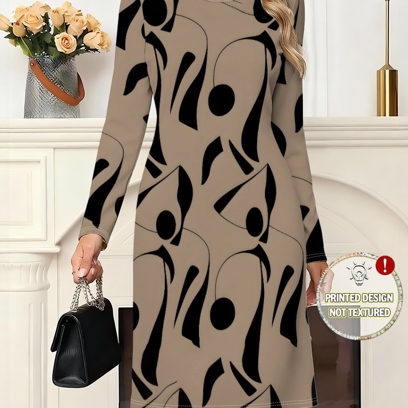 TEMU Printed Design â Not Textured Dress, Color Block, Abstract Geometric Pattern, Fashionable Women's Round Neck Long Sleeve T-shirt Dress, New