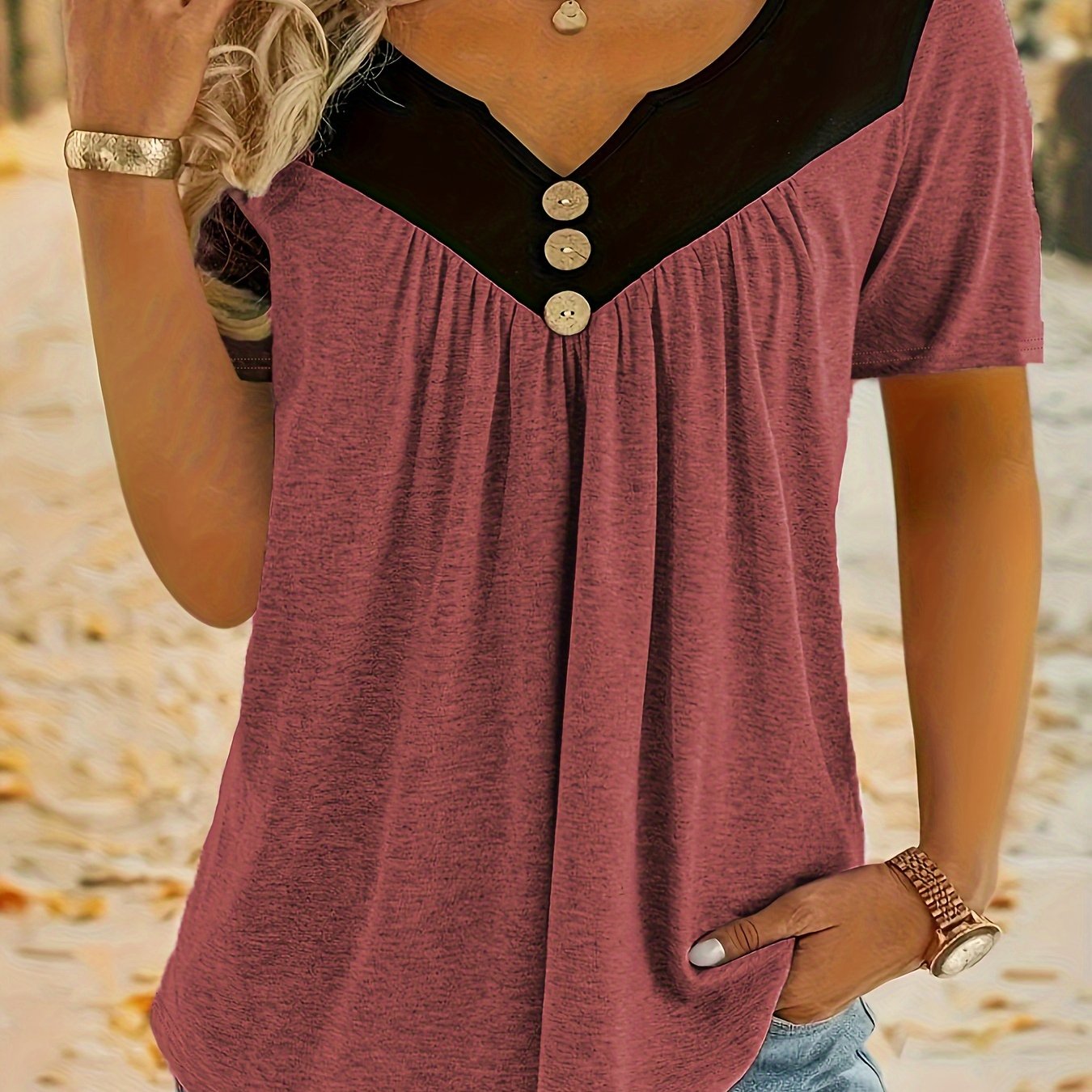 E-shop Plus Size, Neuheit Sommer Plus Size Damen Kurzarm T-Shirt, Patchwork Knopf Pullover Lockeres Oberteil