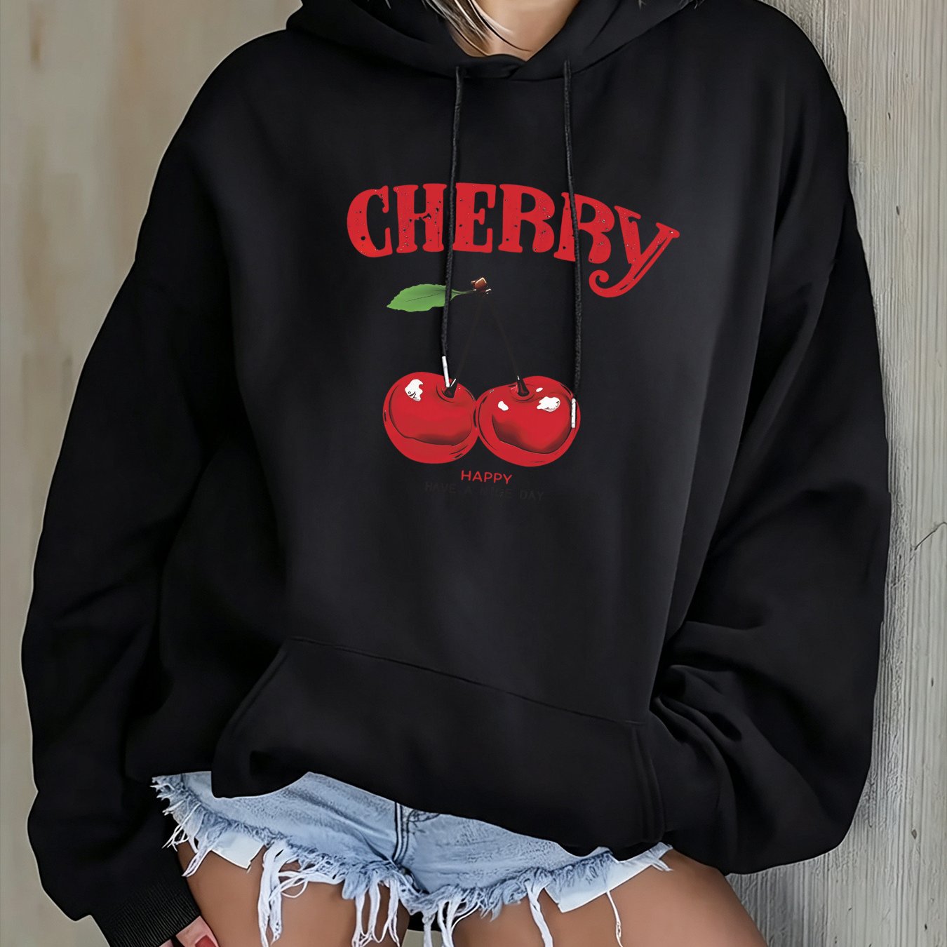 Autumn Winter Women Loose Hoodie Y2k Print Cherry Lettering Casual Pullover Top