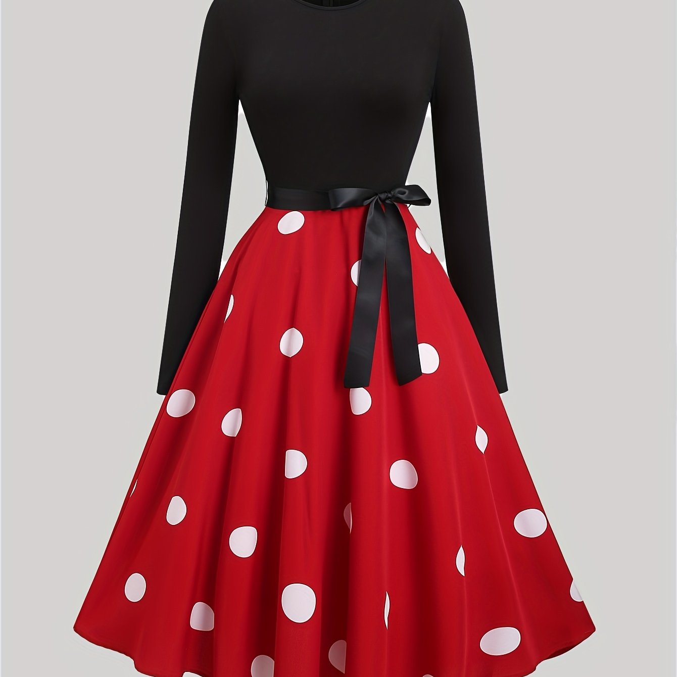E-shop Herbstkollektion Damen Kleid mit Farbblocken, Polka Dot Print und Patchwork, klassisch und süß, mit Gürtel, ein wunderschönes, lässiges