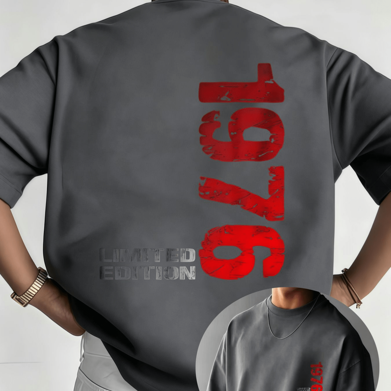 TEMU Retro Style 1976 Edition Men's Short Sleeve T-shirt - Vertical Print Design, Unique Distressed Effect, Perfect For Collecting Or Casual Wear,