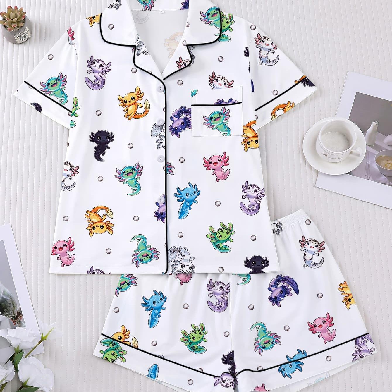 TEMU Women's Cute Cartoon Axolotl Print Spring/summer 2pcs Pajama Set, Short Sleeve Lapel Cardigan Top And Loose Elastic Waist Shorts, Casual