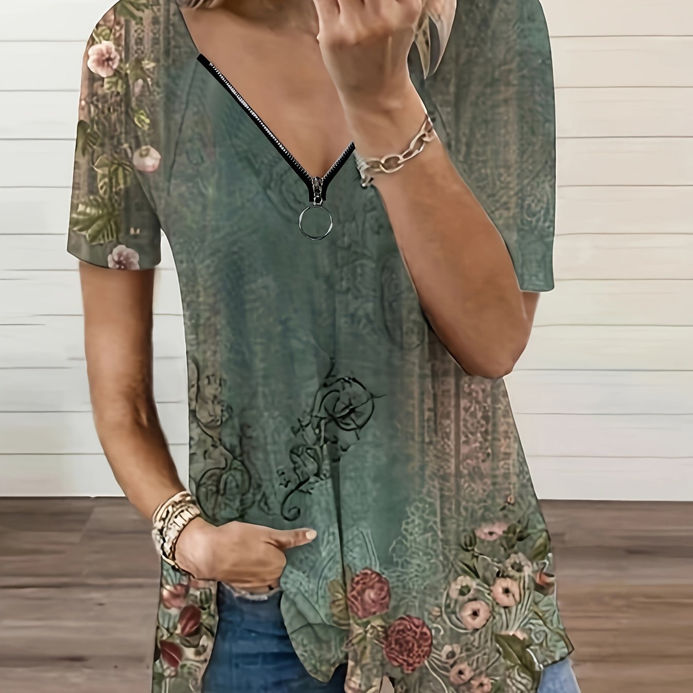 Image of Floral Print Zip Front T-shirt, Casual Short Sleeve Top For , Women's Clothing