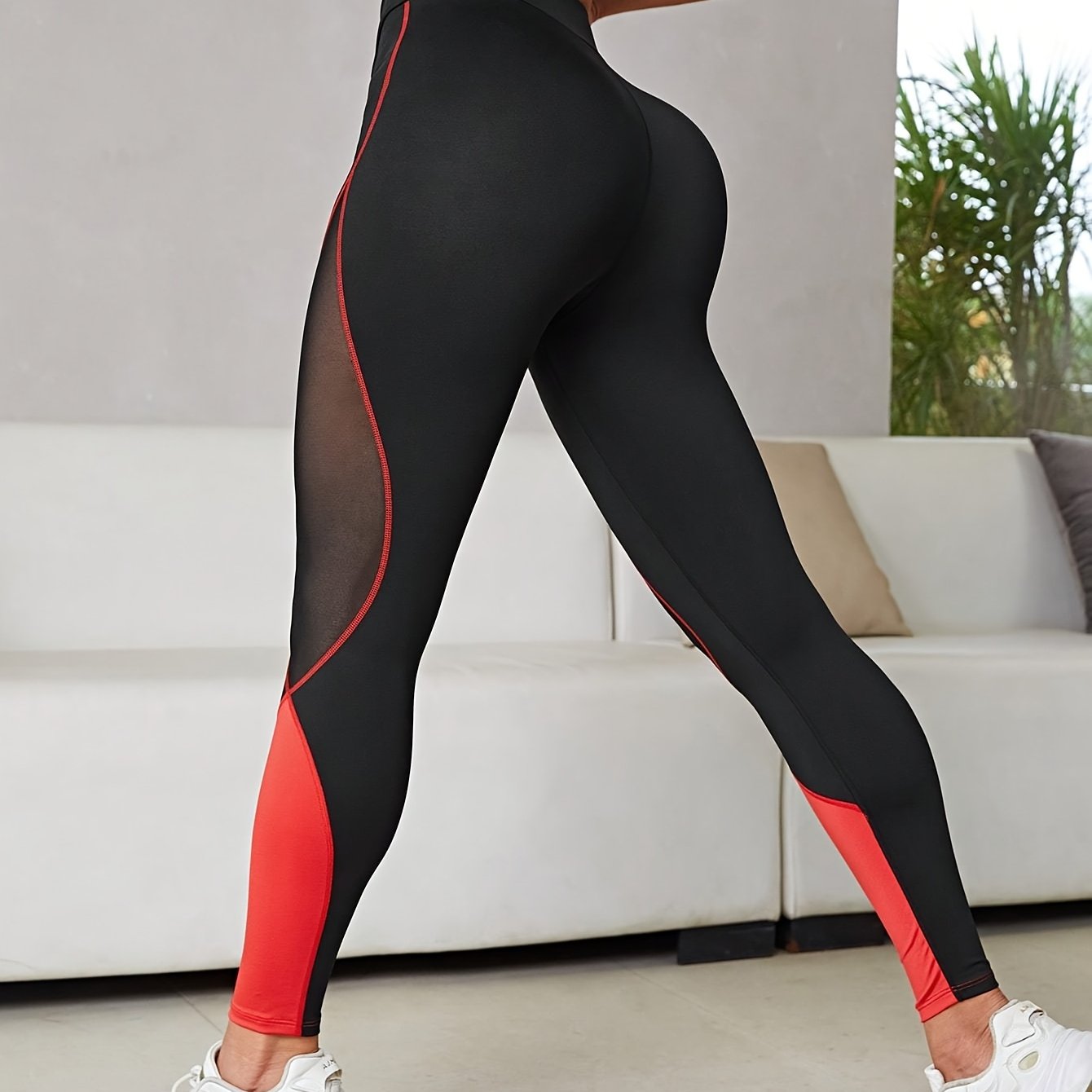 E-shop Damen High-Waist Yoga Lauf- und Trainingsleggings - Stretch, transparentes Mesh an den Seiten, Po-Lift, Bauchkontrolle, Design, Schwarz-Rot ,