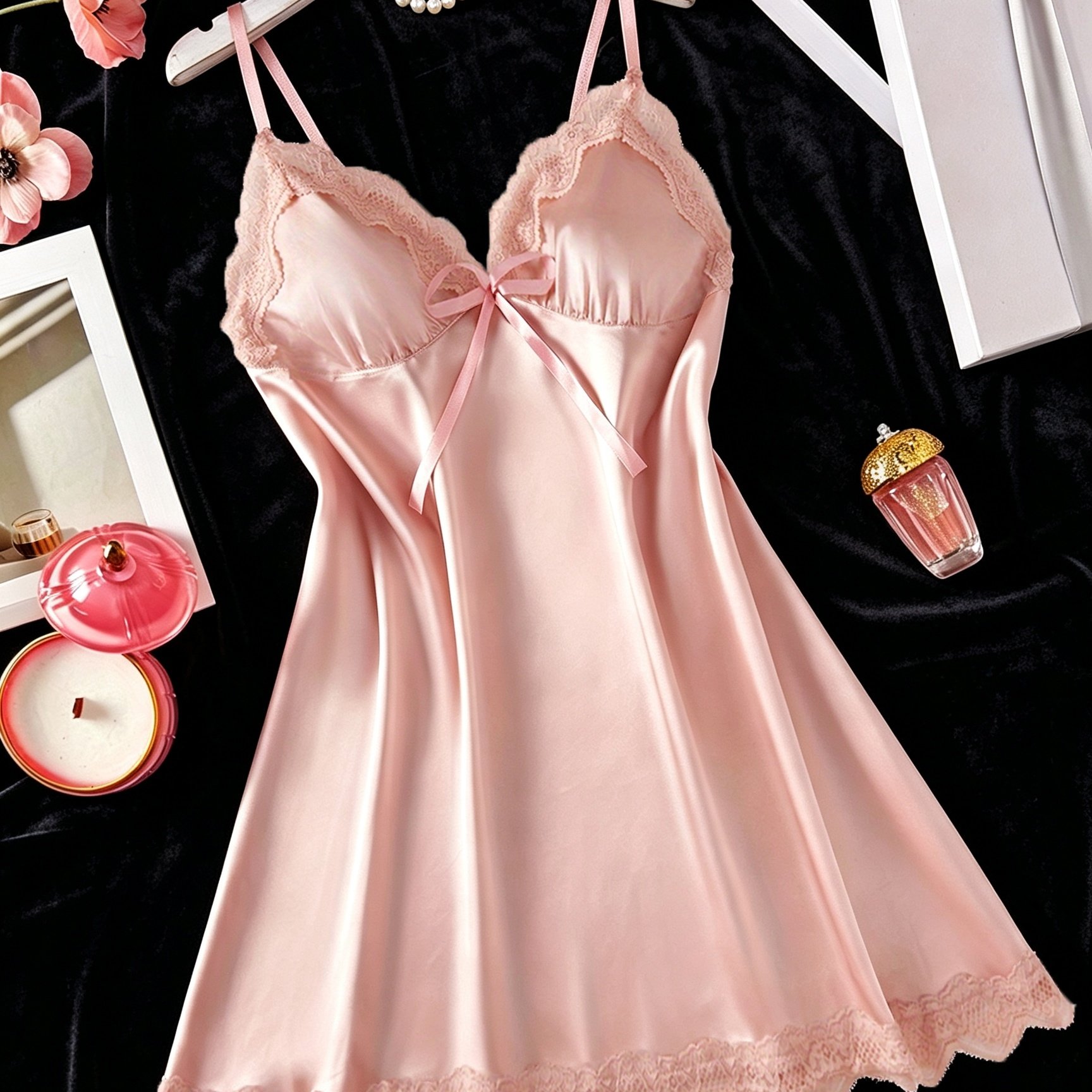 TEMU Women's Contrast Lace Nightdress, V-neck Bow &adjustable Strap Sleepwear Soft Loungewear