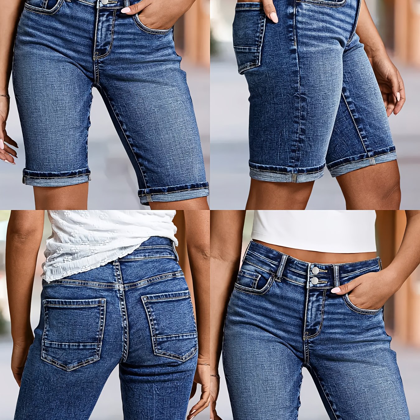 Image of Women's Denim Shorts, Washed Denim, Stretch Design, Mid-rise Waist, Fashionable Casual Wear, Elegant Style, Machine Washable, Women's Fashion > Women's Clothing > Women's Denim Knee-length Pants