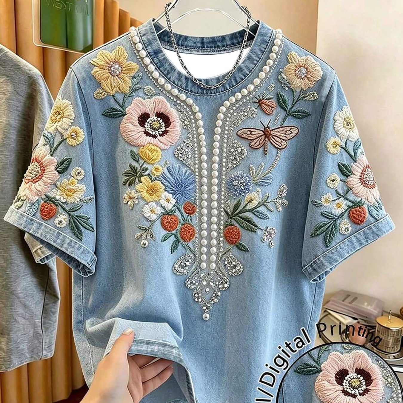 TEMU New Summer Women's Short-sleeve Top With Positioned , Fashionable, Versatile, Casual, Vintage Style, Print Pattern, Digital Printing