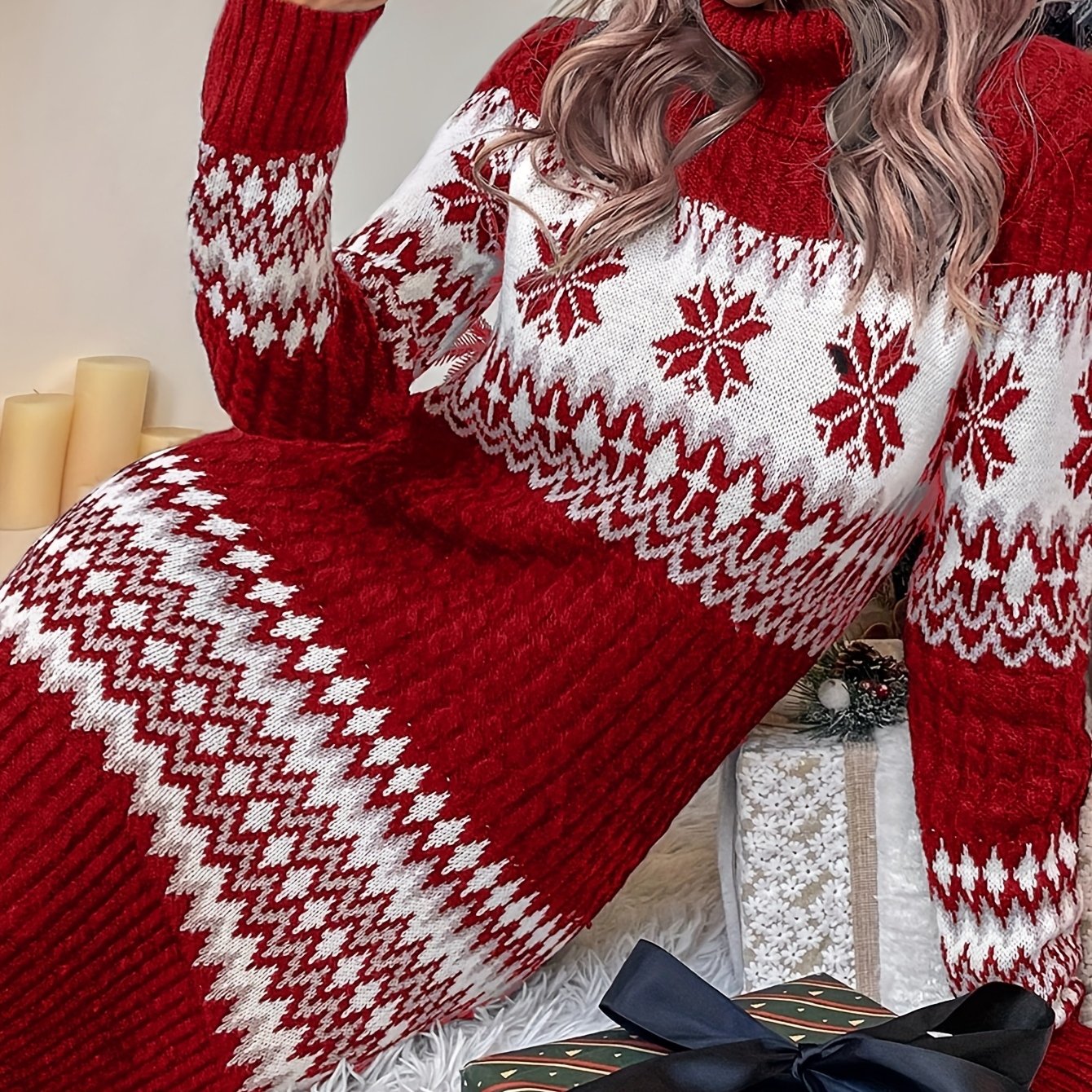 Autumn Winter New High-neck Color-block Women's Elegant Red Sweater Women's Dress